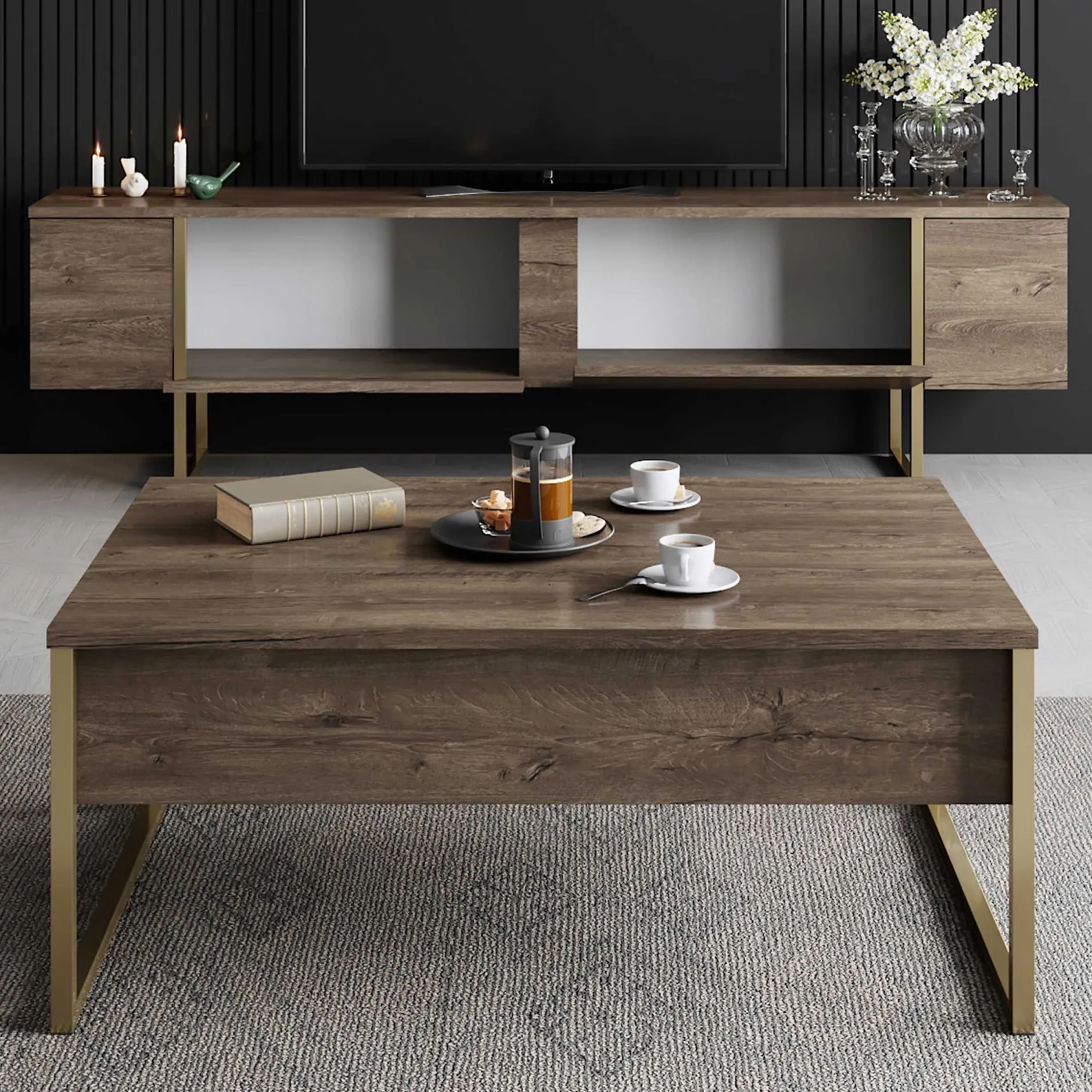 Luxe T TV-Ständer | 100 % MELAMIN | Walnuss, Gold