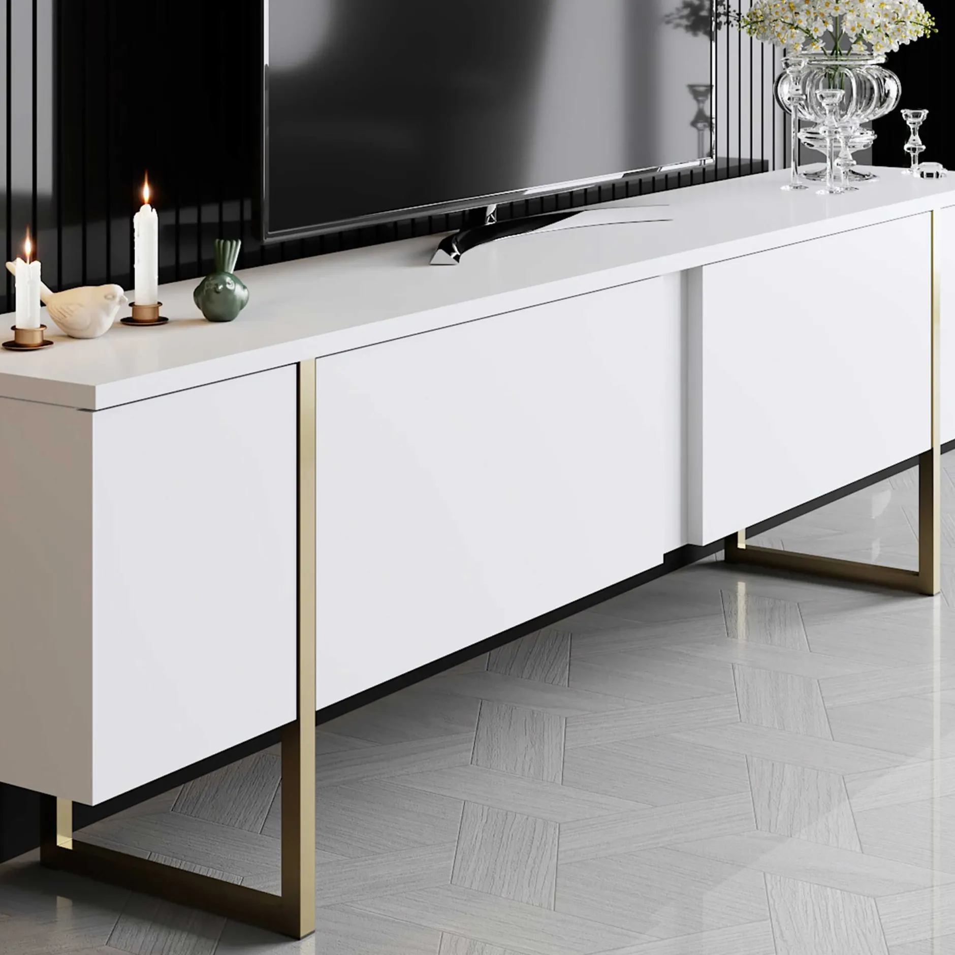 Luxe T TV-Ständer | 100 % MELAMIN | Weiß, Gold