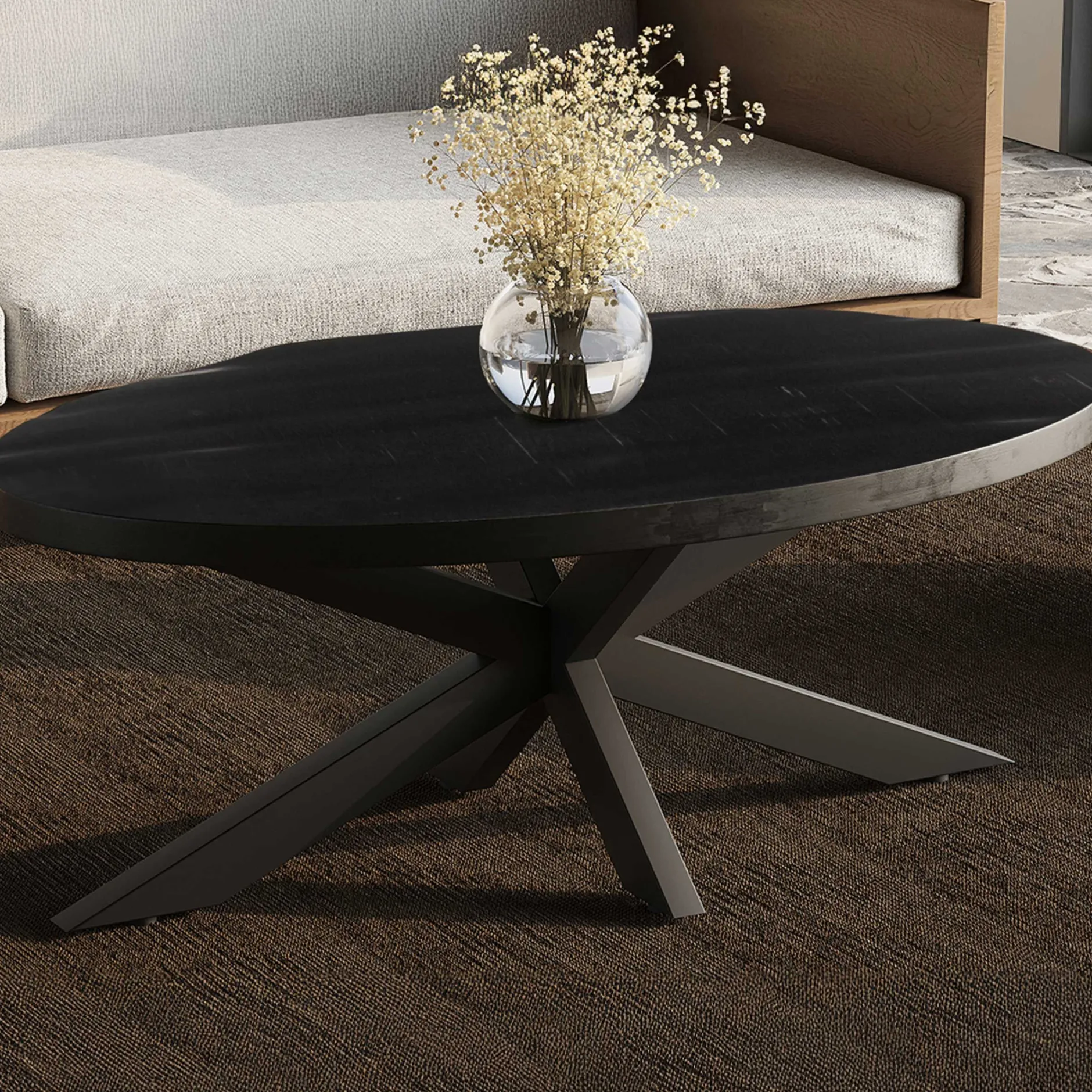 Madeira" Ovaler Couchtisch - Mango Schwarz | Exotische Holzplatte | 45x130x70cm