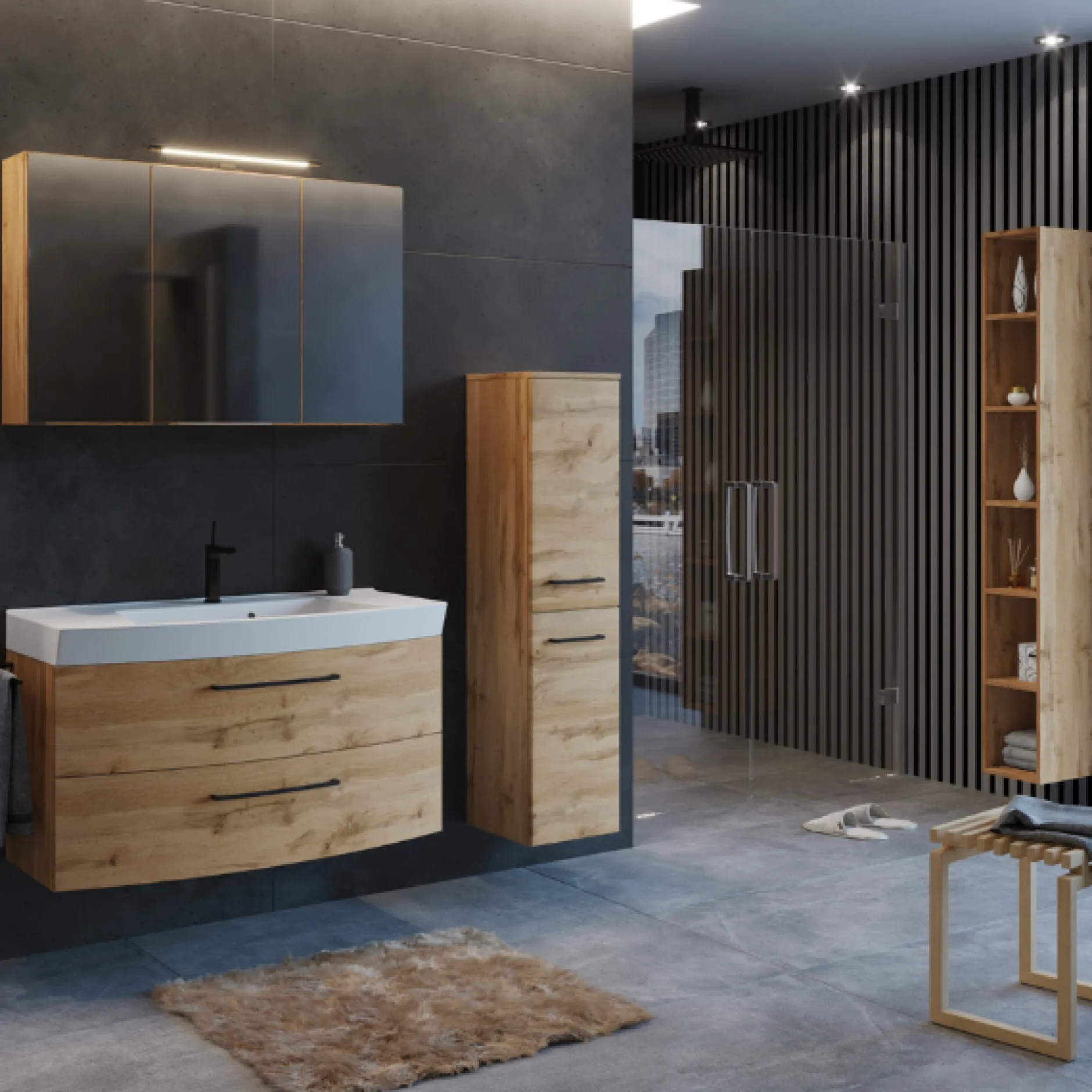 MalvoBadezimmer : Spiegelschrank, Waschtischschrank, Säulenschrank, Regal - Eiche
