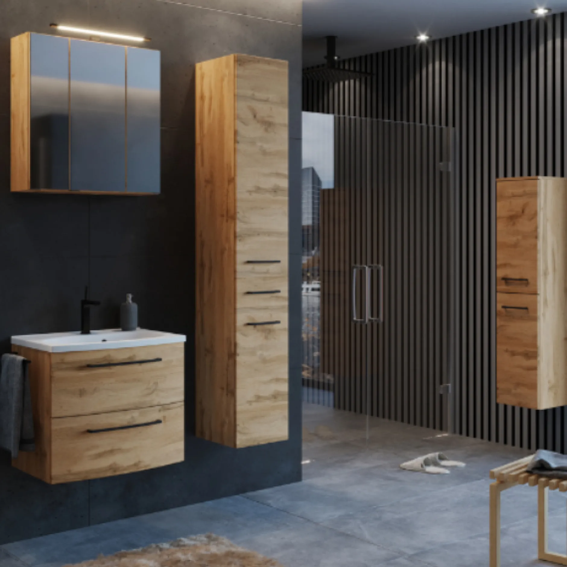 MalvoBadezimmer : Spiegelschrank, Waschbeckenschrank, Säulenschränke - Eiche