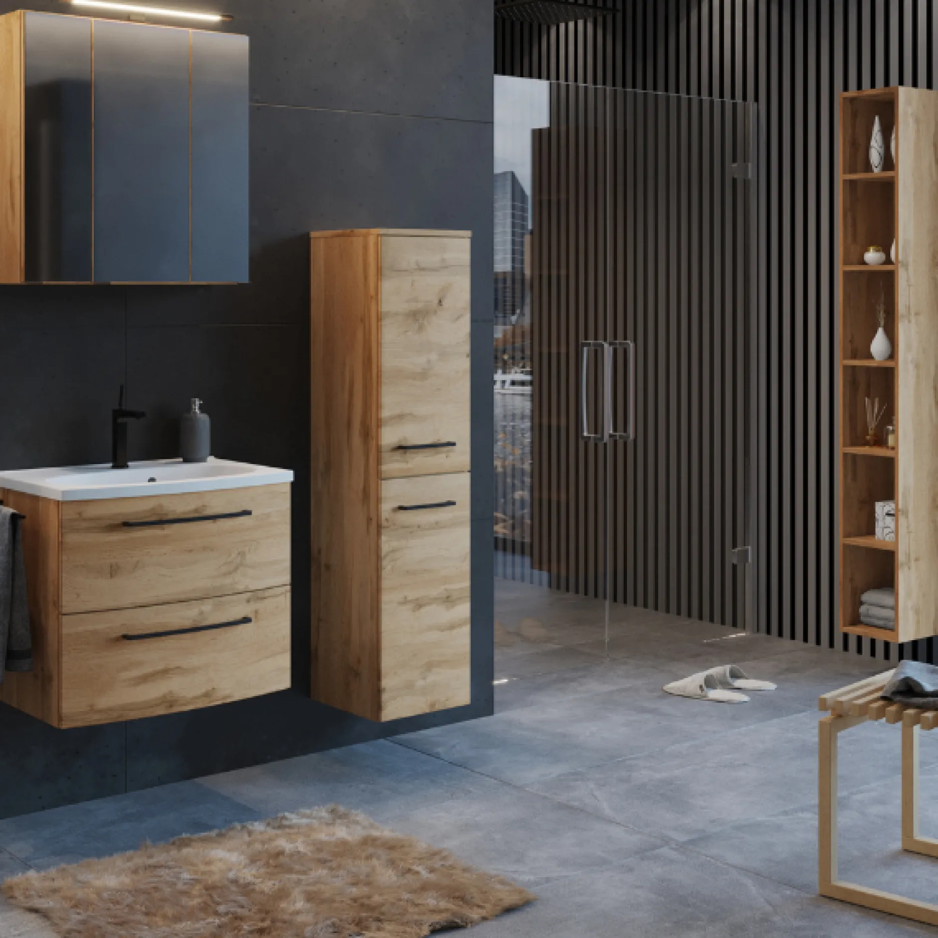 MalvoBadezimmer : Spiegelschrank, Waschtischschrank, Säulenschrank, Regal - Eiche