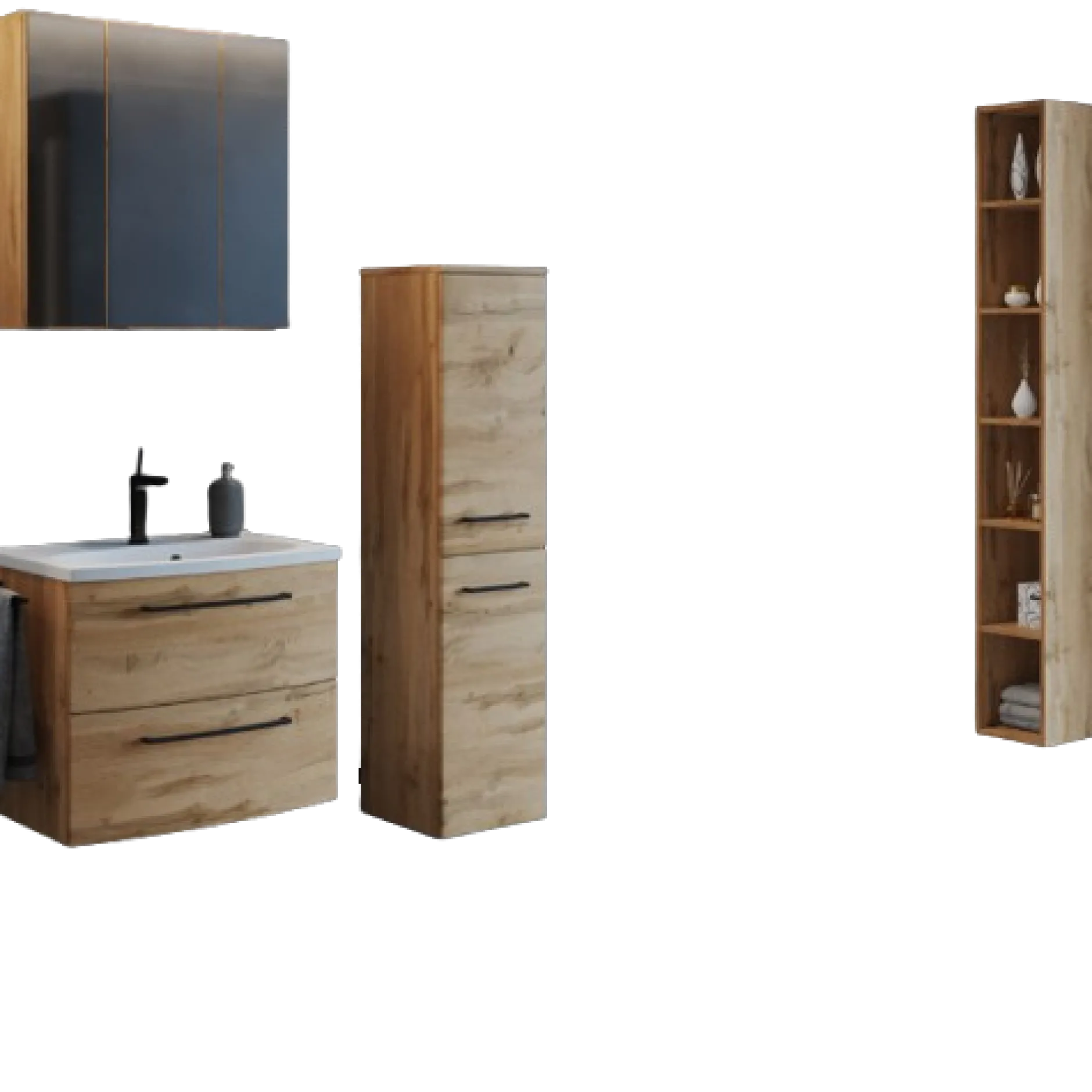 MalvoBadezimmer : Spiegelschrank, Waschtischschrank, Säulenschrank, Regal - Eiche