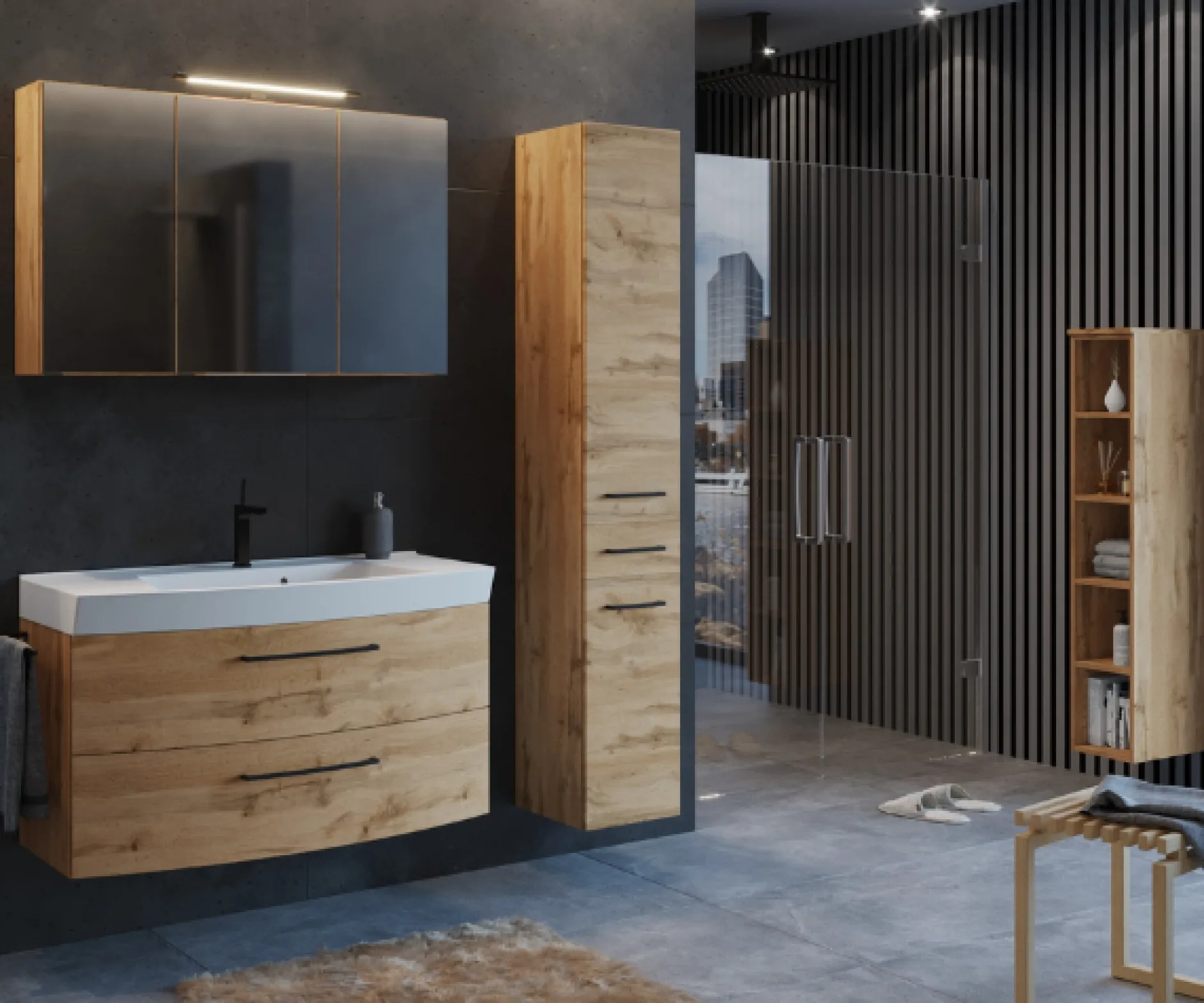 MalvoBadezimmer : Spiegelschrank, Waschtischschrank, Säulenschrank, Regal - Eiche