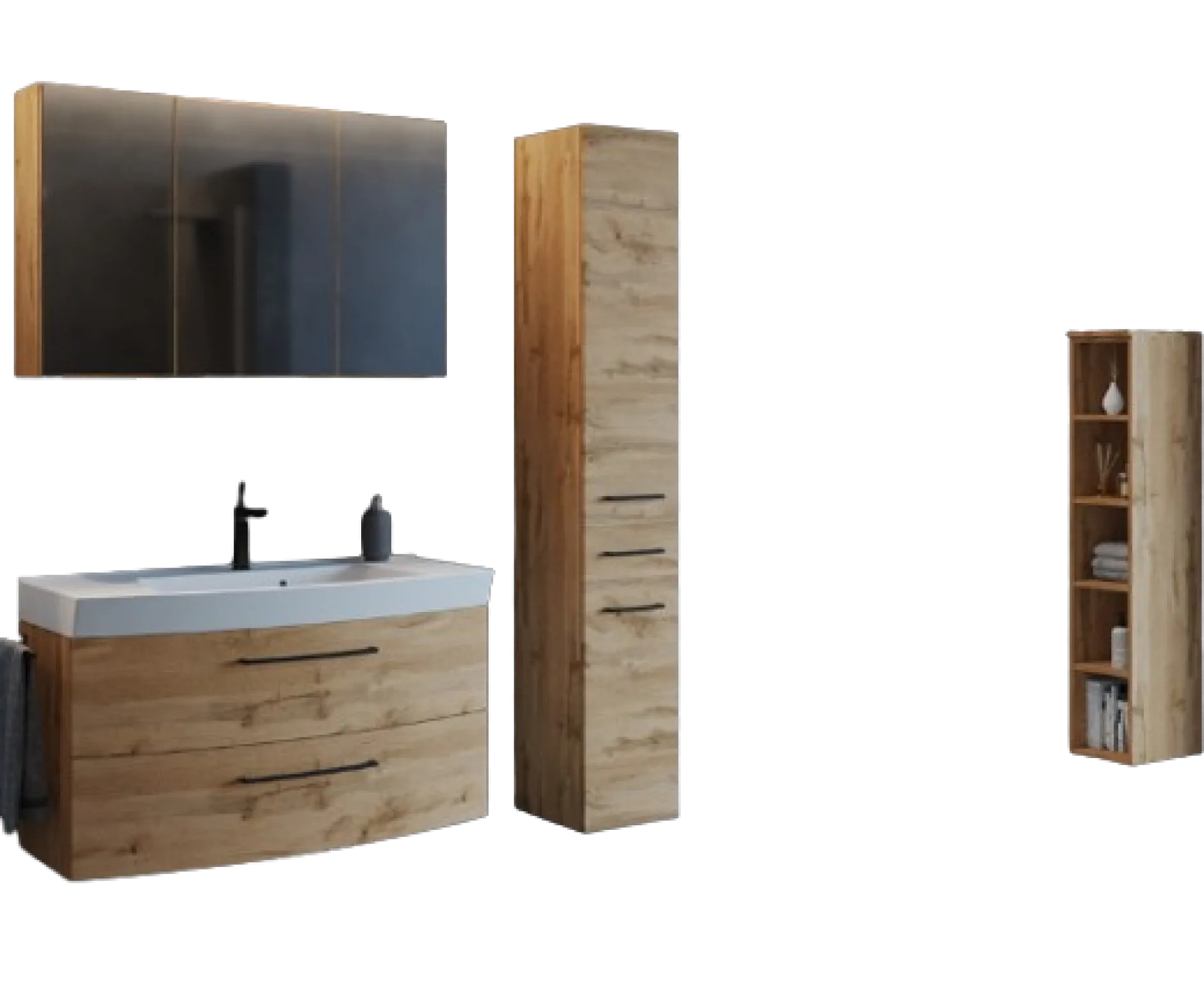 MalvoBadezimmer : Spiegelschrank, Waschtischschrank, Säulenschrank, Regal - Eiche