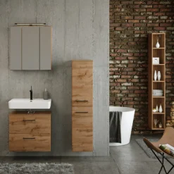 MalvoBadezimmer : Spiegelschrank, Waschbeckenunterschrank, Säulenschrank, Regal - Eiche