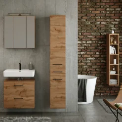 MalvoBadezimmer : Spiegelschrank, Waschbeckenunterschrank, Säulenschrank, Regal - Eiche