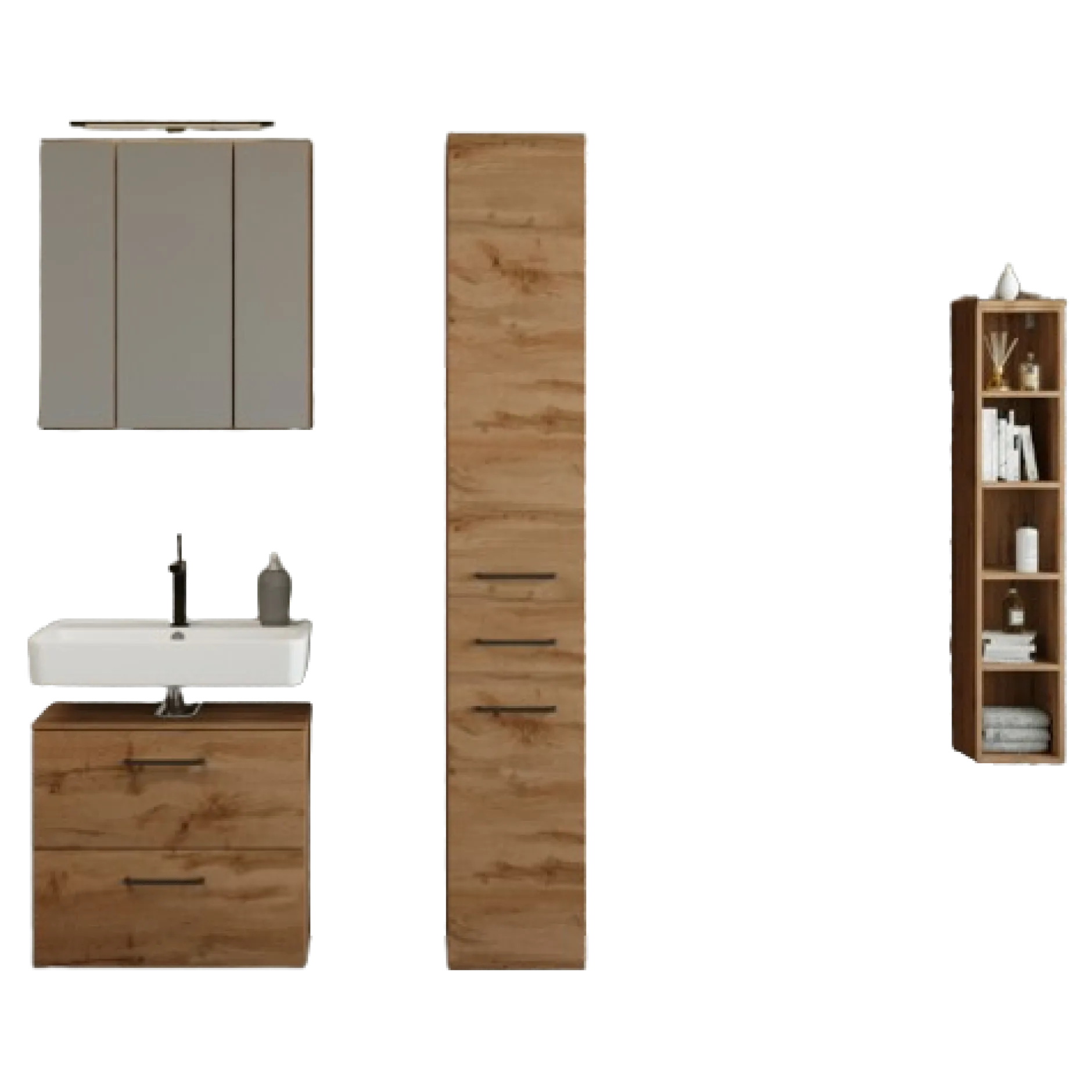 MalvoBadezimmer : Spiegelschrank, Waschbeckenunterschrank, Säulenschrank, Regal - Eiche