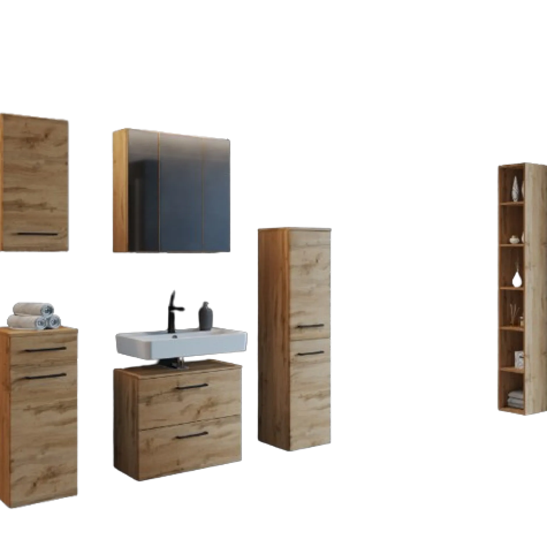 MalvoBadezimmer : Wandschränke, Spiegelschrank, Waschbeckenunterschrank, Säulenschrank, Regal - Eiche