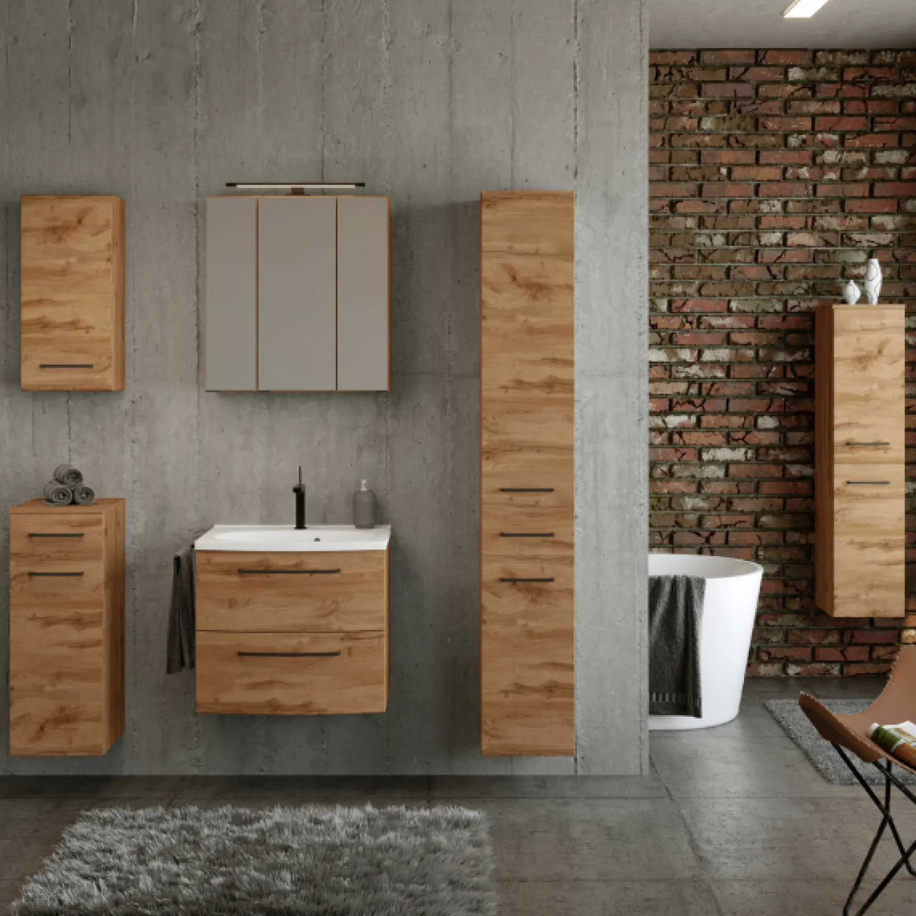 MalvoBadezimmer : Wandschränke, Spiegelschrank, Waschtischschrank, Säulenschränke - Eiche