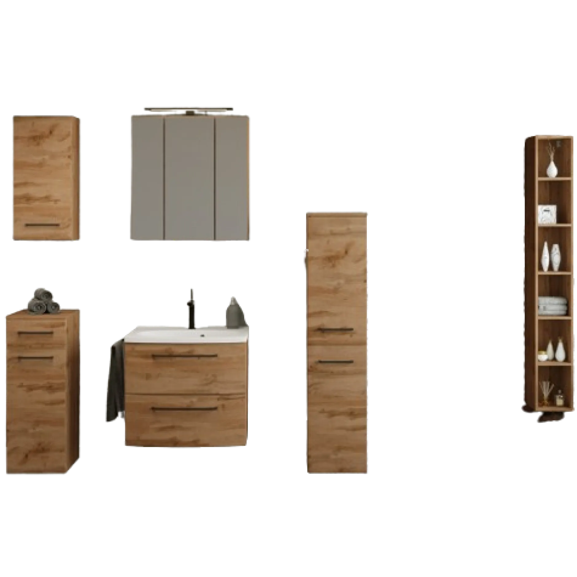 MalvoBadezimmer : Wandschränke, Spiegelschrank, Waschtischschrank, Säulenschrank, Regal - Eiche