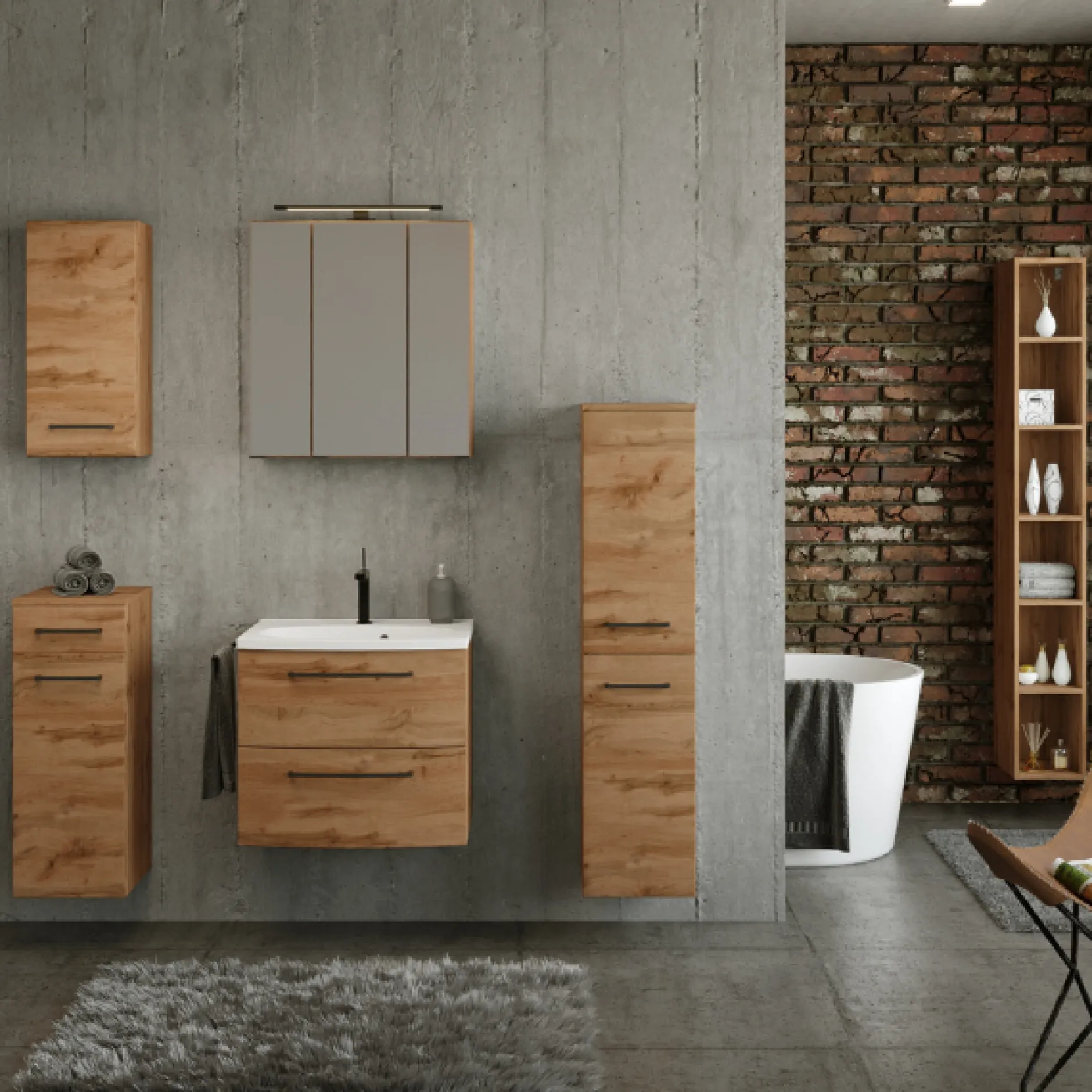MalvoBadezimmer : Wandschränke, Spiegelschrank, Waschtischschrank, Säulenschrank, Regal - Eiche