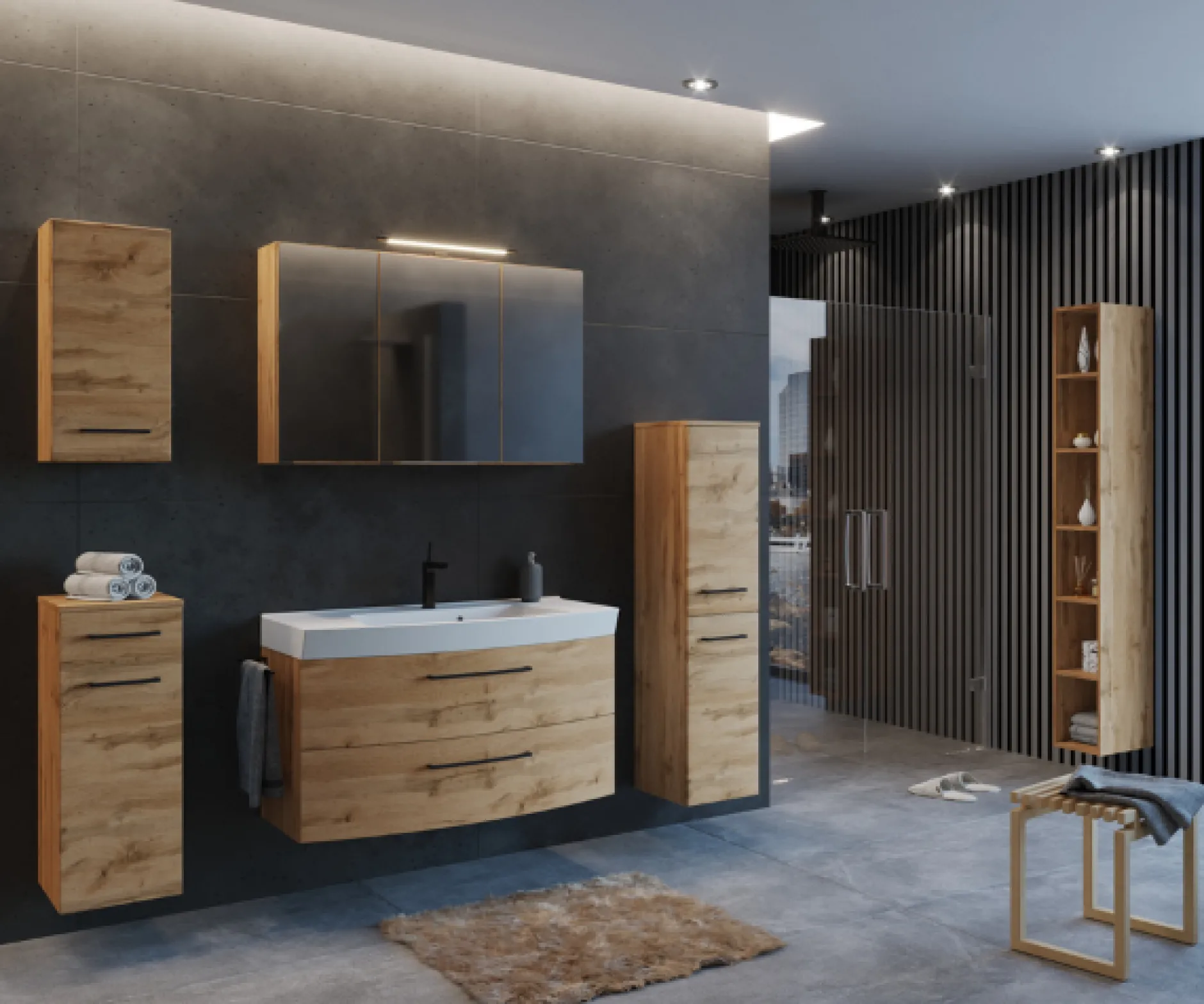 MalvoBadezimmer : Wandschränke, Spiegelschrank, Waschtischschrank, Säulenschrank, Regal - Eiche
