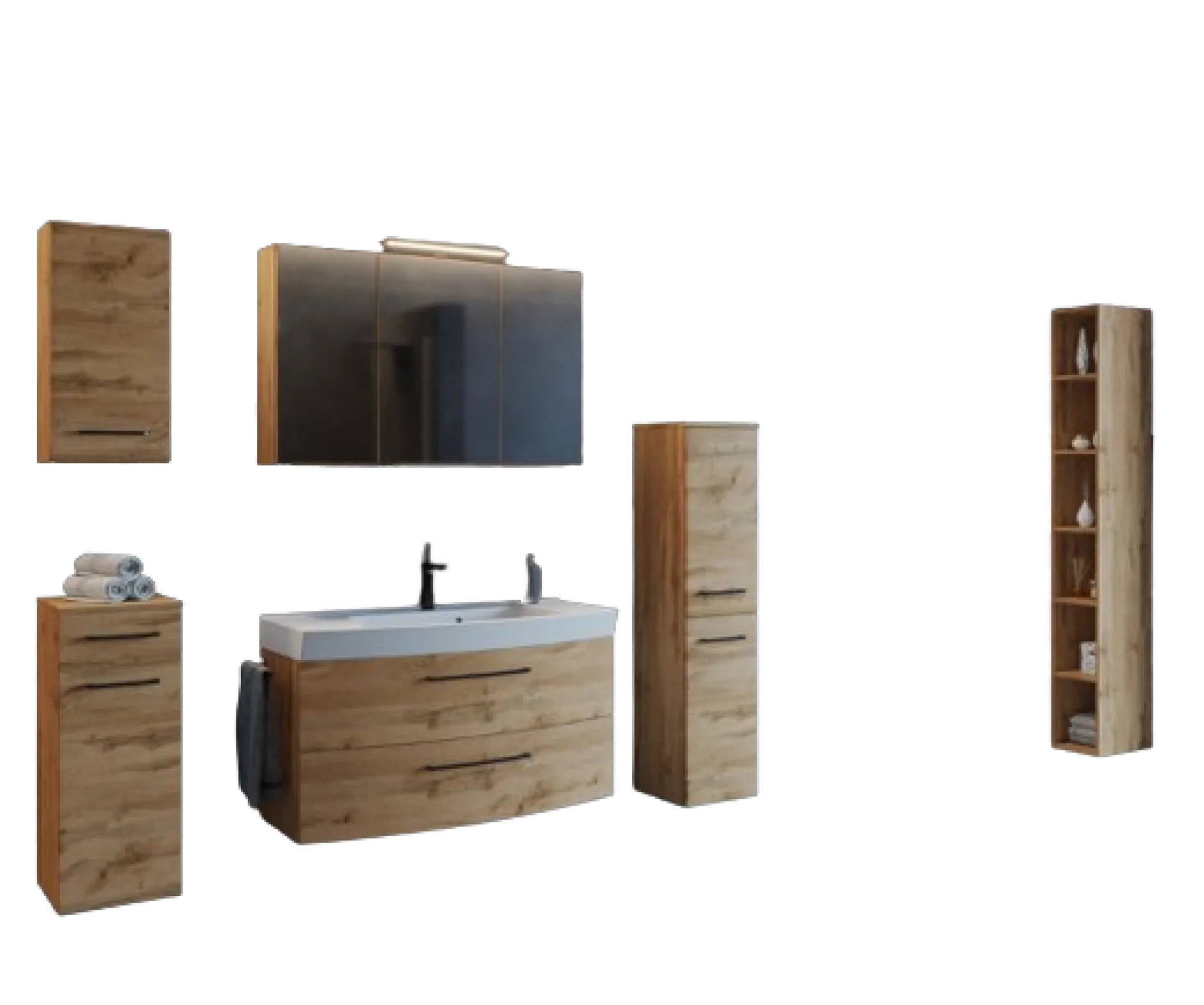 MalvoBadezimmer : Wandschränke, Spiegelschrank, Waschtischschrank, Säulenschrank, Regal - Eiche