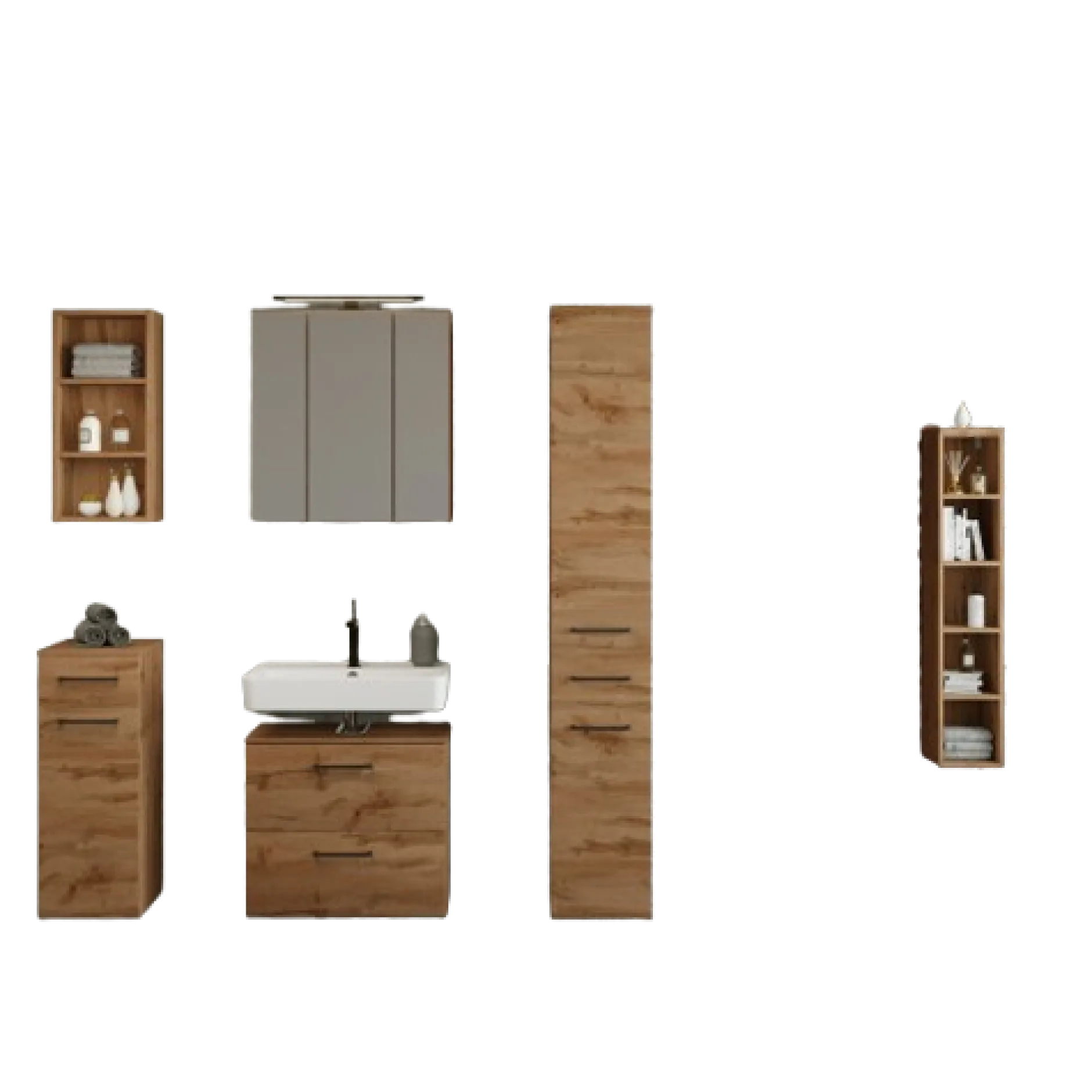 MalvoBadezimmer : Wandschränke, Spiegelschrank, Waschbeckenunterschrank, Säulenschrank, Regal - Eiche