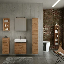 MalvoBadezimmer : Wandschränke, Spiegelschrank, Waschbeckenunterschrank, Säulenschrank, Regal - Eiche