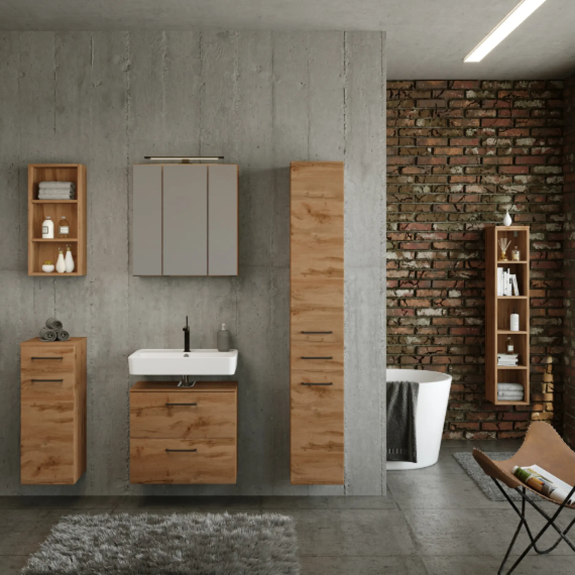 MalvoBadezimmer : Wandschränke, Spiegelschrank, Waschbeckenunterschrank, Säulenschrank, Regal - Eiche
