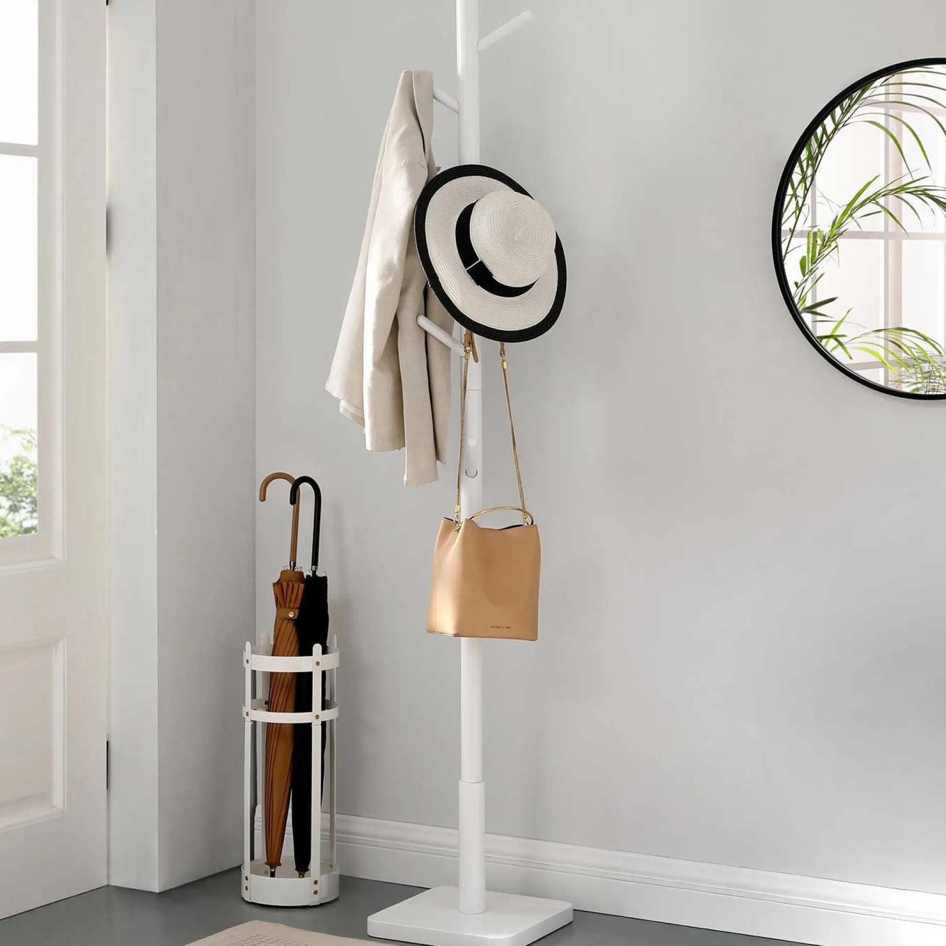 Massivholz Kleiderständer - 8 Haken für Mäntel, Hüte, Taschen - Eingang, Flur - Weiß
