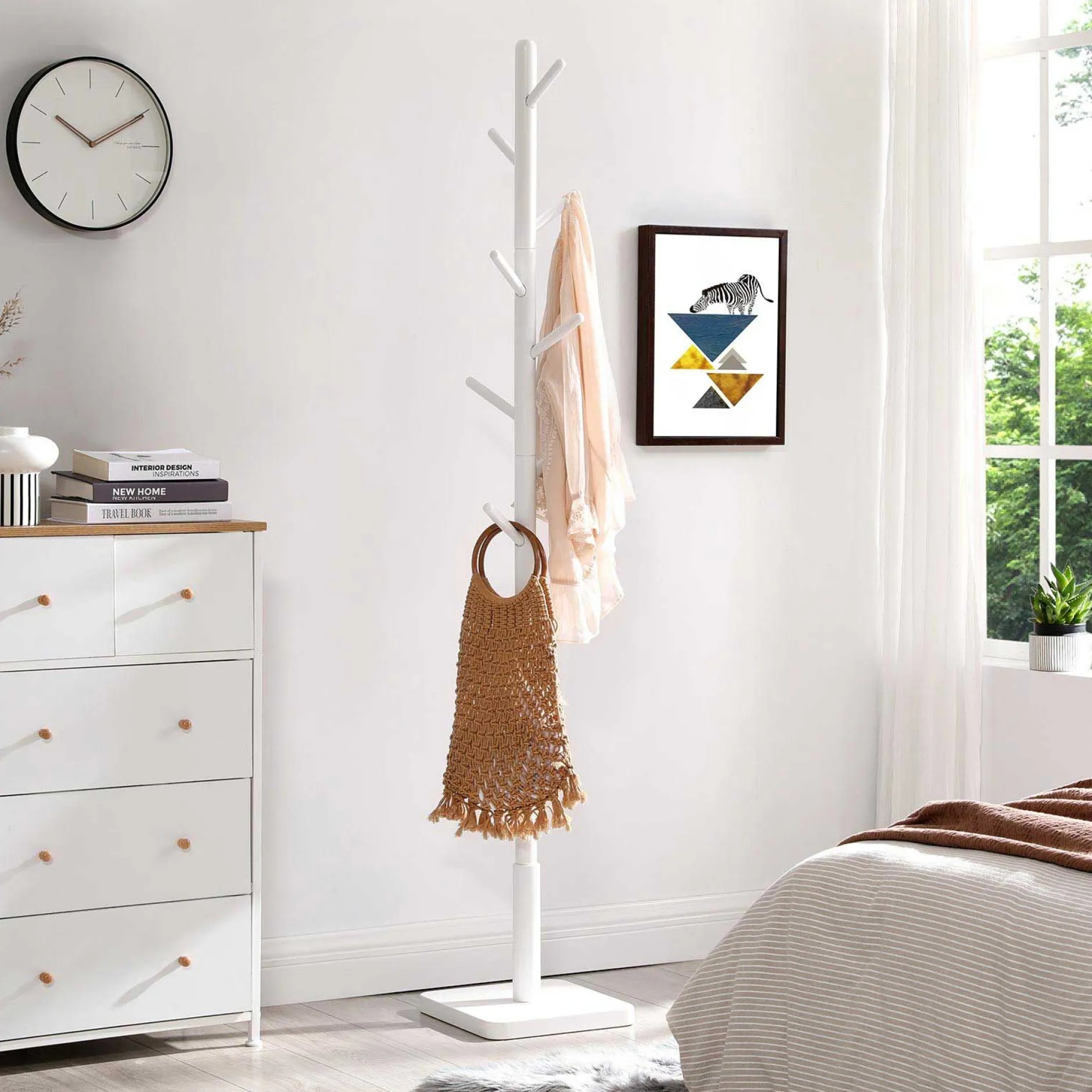 Massivholz Kleiderständer - 8 Haken für Mäntel, Hüte, Taschen - Eingang, Flur - Weiß