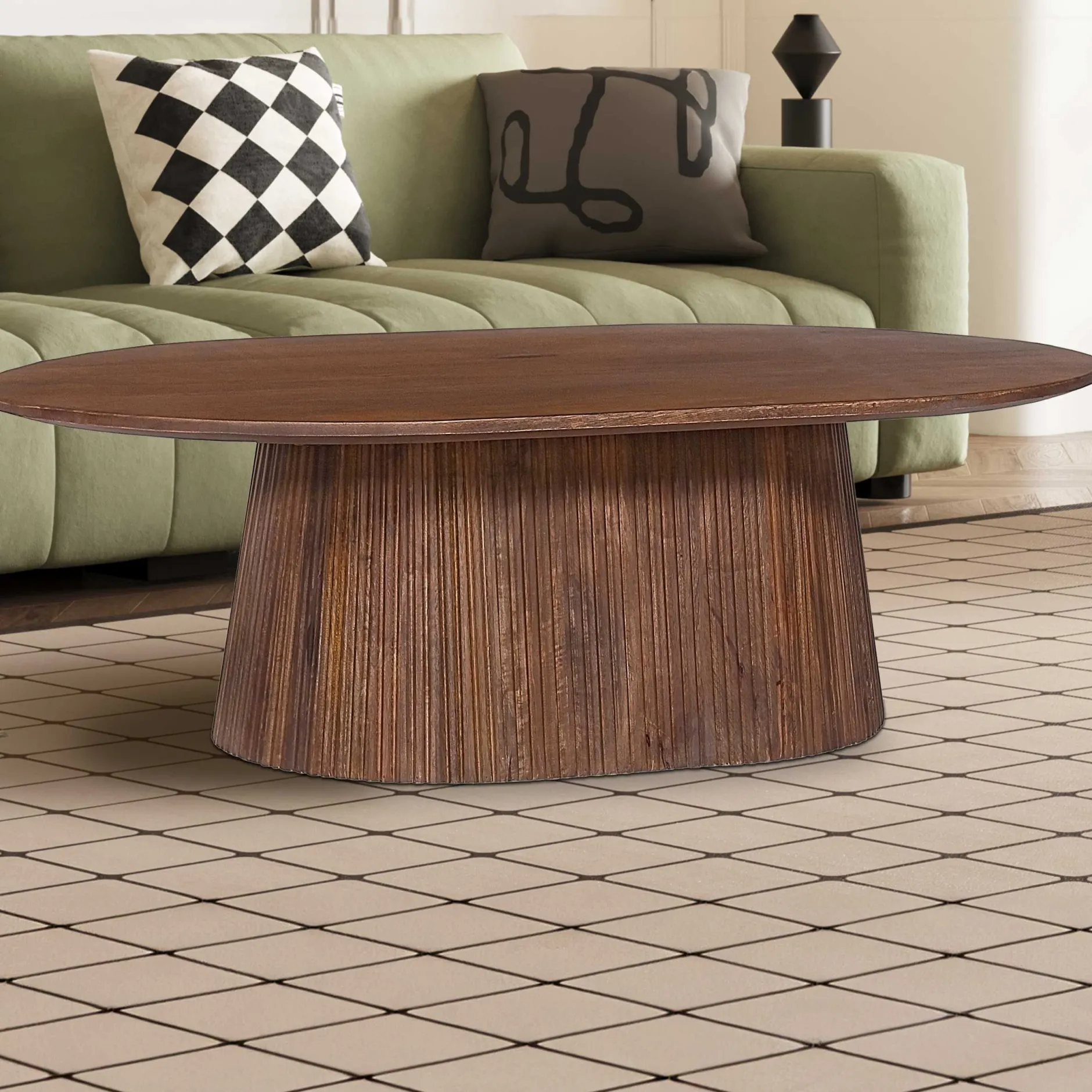 Miguel" Ovaler Couchtisch 120 cm hellbraun | Massivholzstruktur und Platte Mango | H-H 37 x B-L 120 x T-P 70 cm