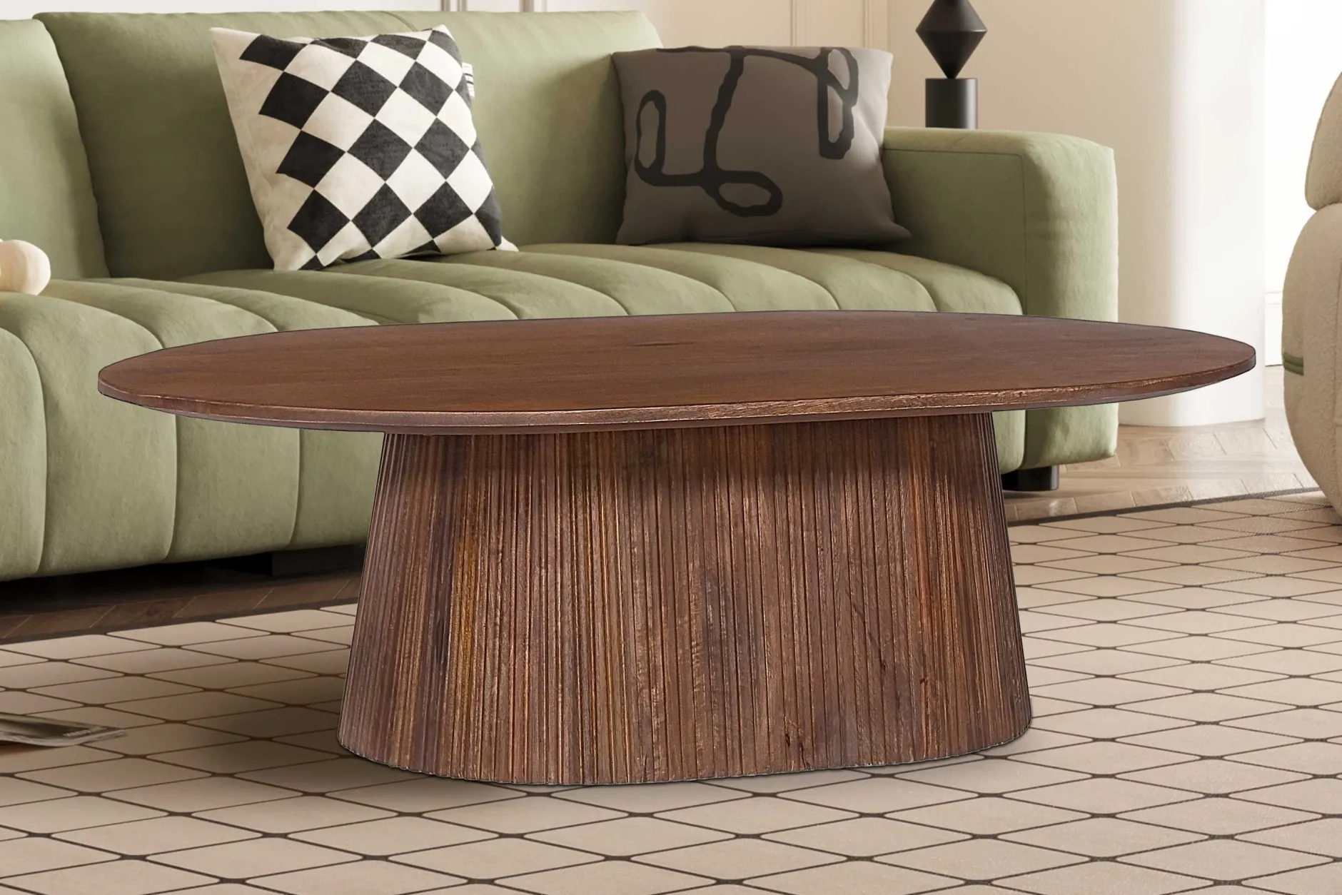 Miguel" Ovaler Couchtisch 120 cm hellbraun | Massivholzstruktur und Platte Mango | H-H 37 x B-L 120 x T-P 70 cm
