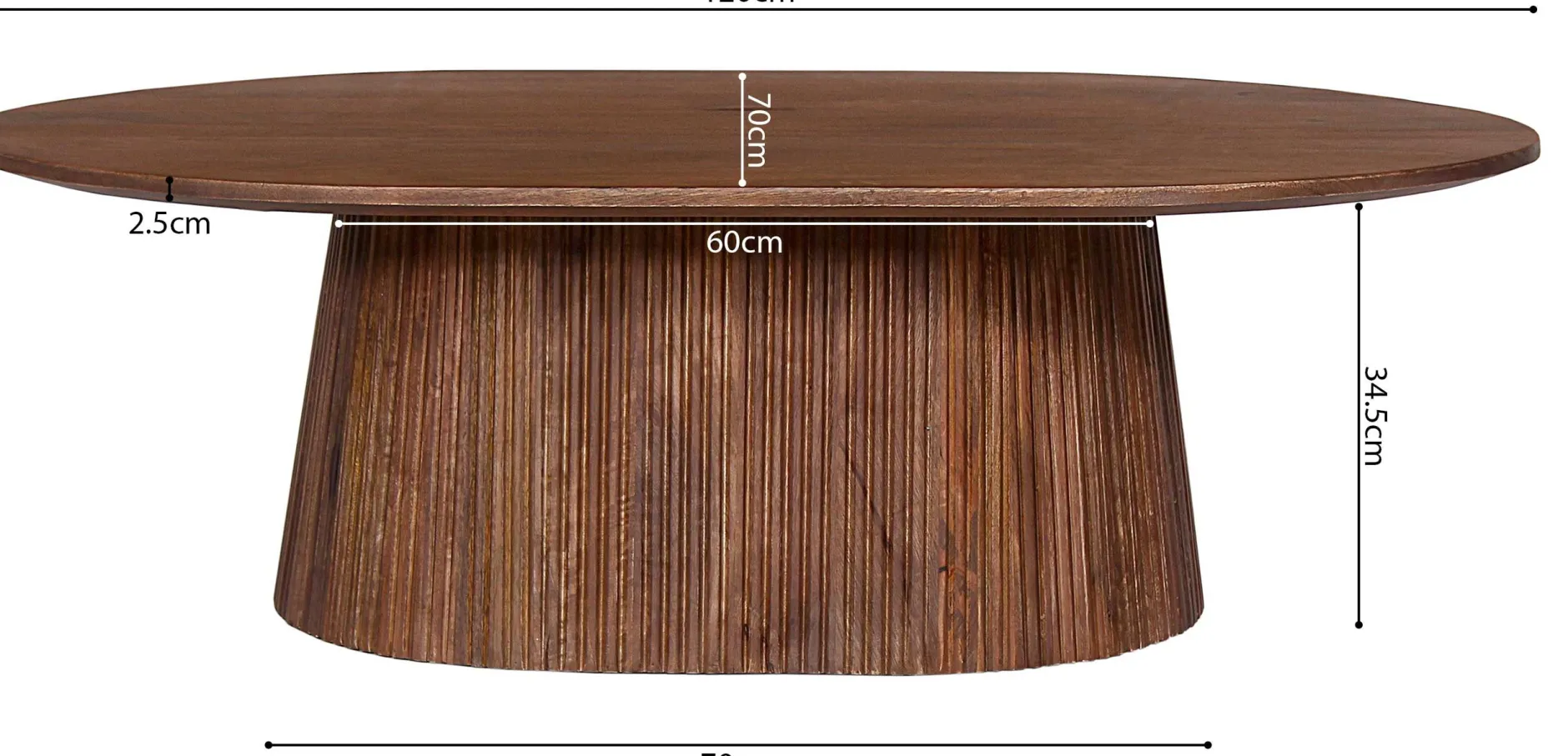 Miguel" Ovaler Couchtisch 120 cm hellbraun | Massivholzstruktur und Platte Mango | H-H 37 x B-L 120 x T-P 70 cm