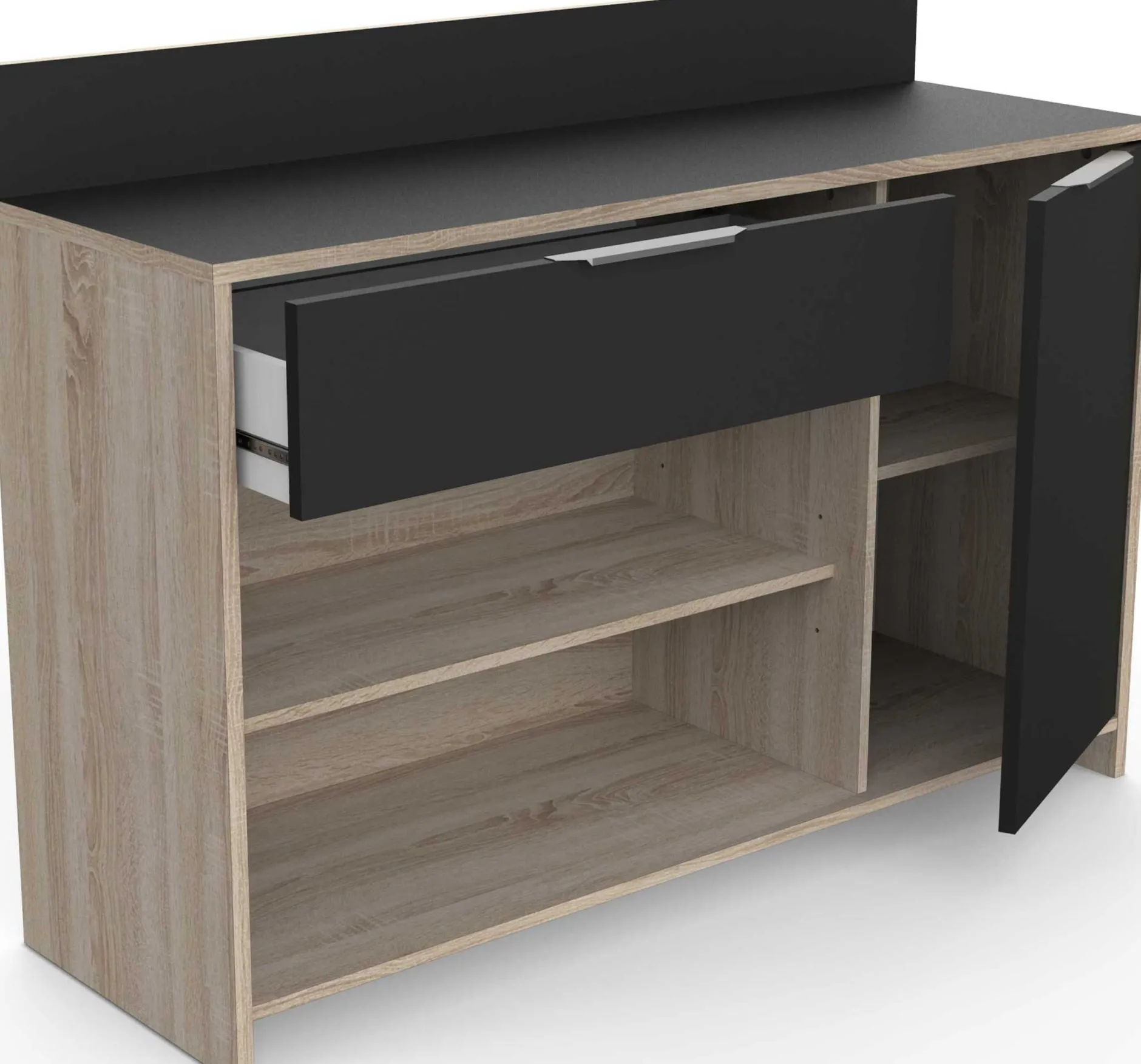 Mikrowellenschrank Michael 1 Schublade, 2 offene Fächer, 1 Flügeltür und 1 Einlegeboden-robuste Eiche/schwarz