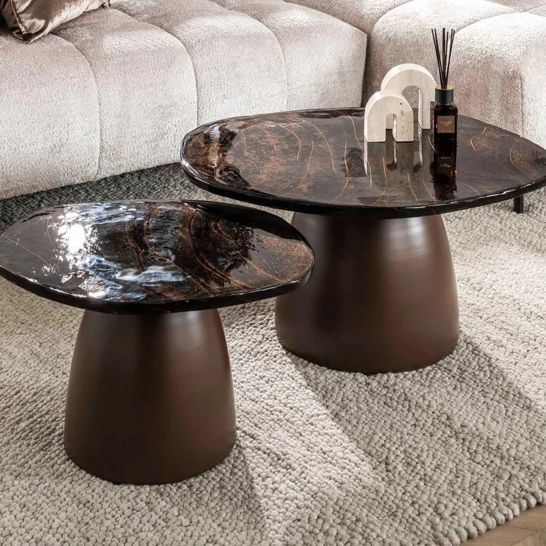 Moderne Eclipse Glas Couchtische Set/2 - Antik Kupfer