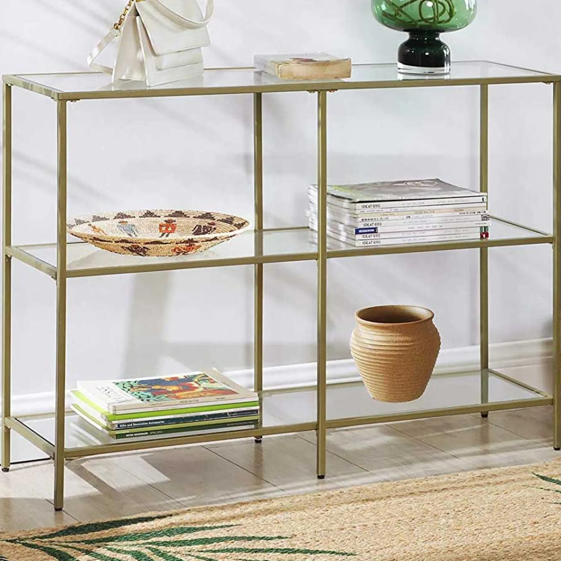 Moderne Konsole Tisch, 3-Tier gehärtetem Glas Sofa Tisch mit Metallrahmen für Flur Wohnzimmer Schlafzimmer, Gold Farbe