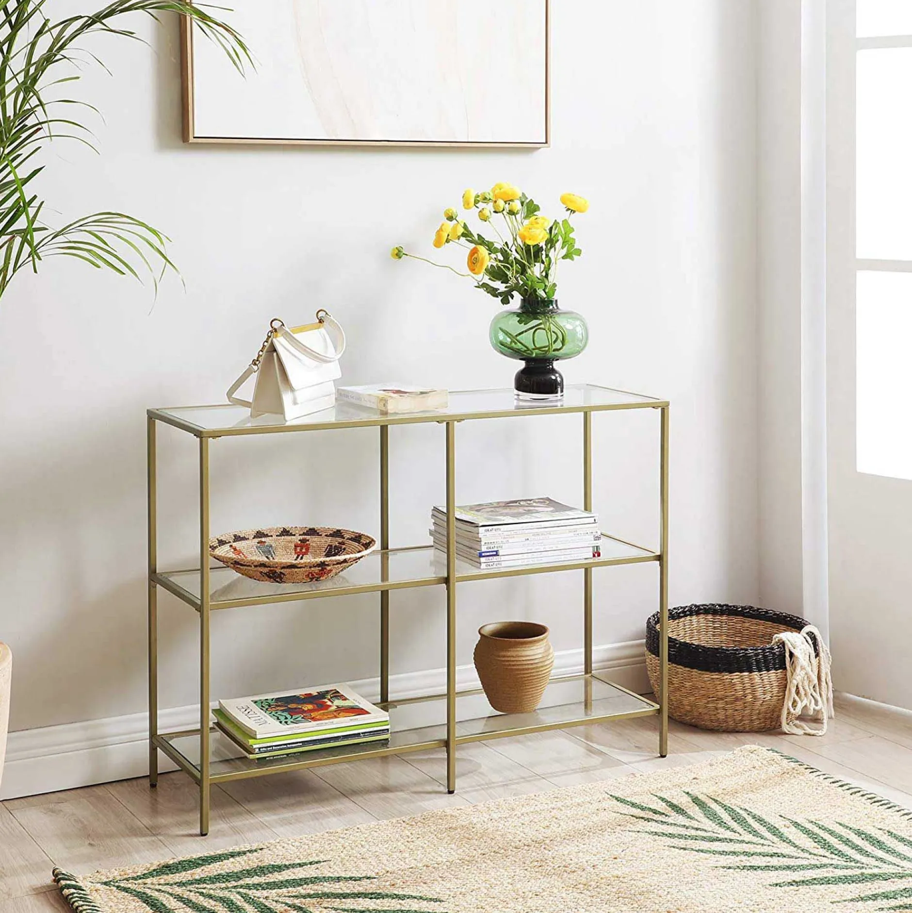 Moderne Konsole Tisch, 3-Tier gehärtetem Glas Sofa Tisch mit Metallrahmen für Flur Wohnzimmer Schlafzimmer, Gold Farbe