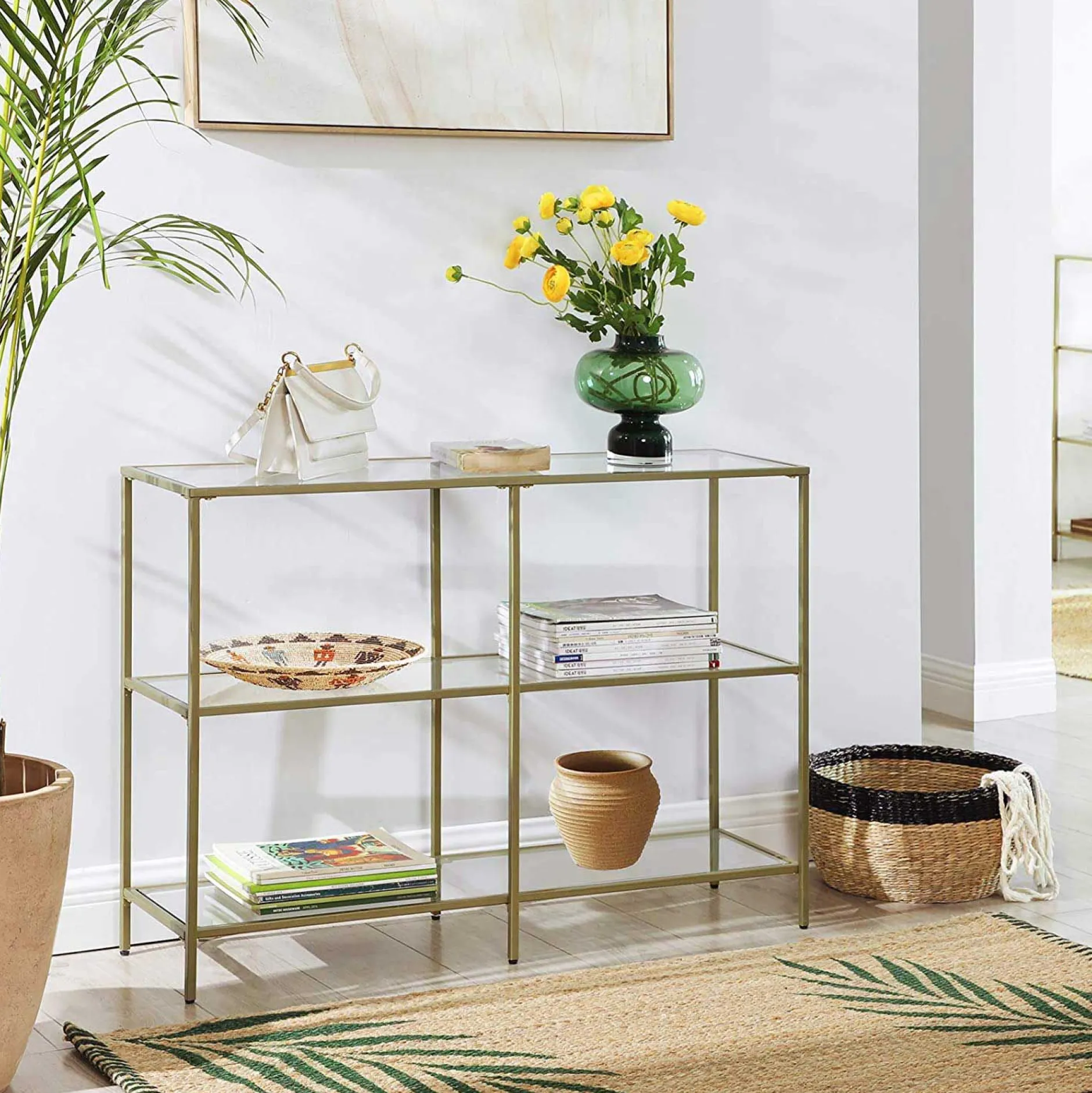 Moderne Konsole Tisch, 3-Tier gehärtetem Glas Sofa Tisch mit Metallrahmen für Flur Wohnzimmer Schlafzimmer, Gold Farbe