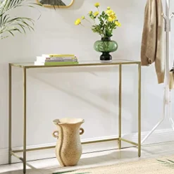 Moderner goldener Konsolentisch mit gehärtetem Glas, Metallrahmen, stabilen, verstellbaren Füßen