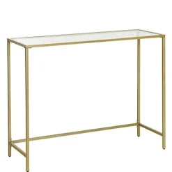 Moderner goldener Konsolentisch mit gehärtetem Glas, Metallrahmen, stabilen, verstellbaren Füßen