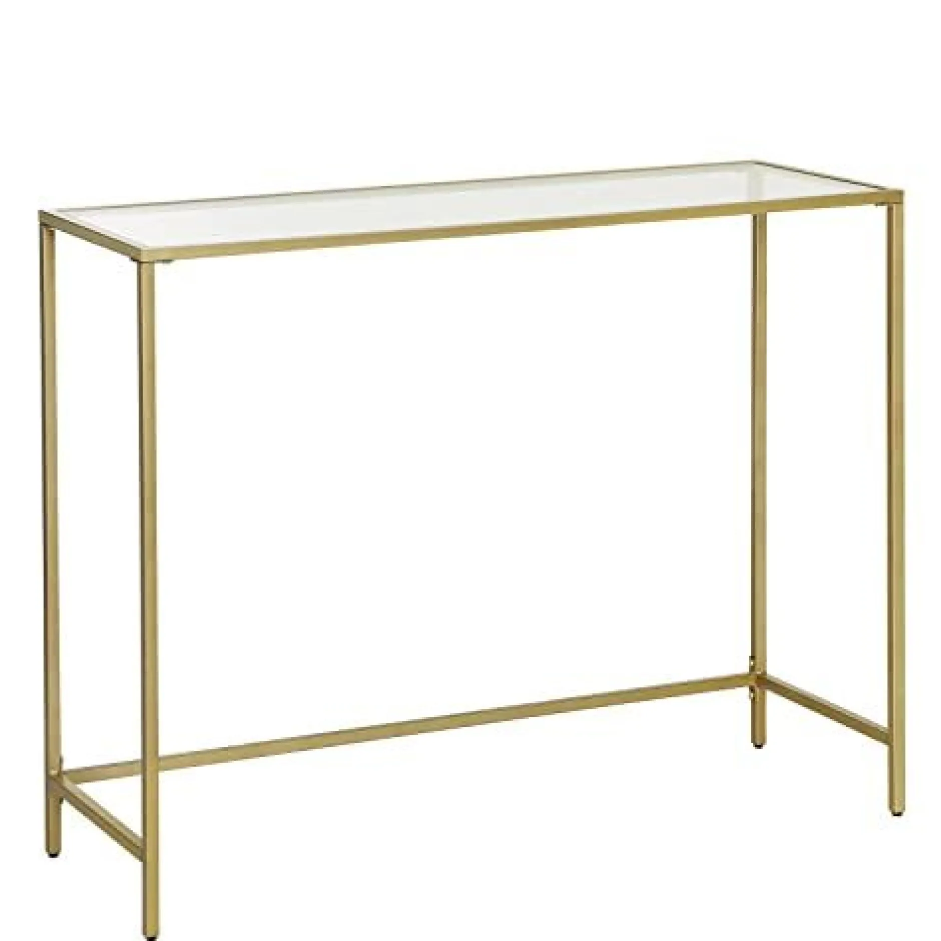 Moderner goldener Konsolentisch mit gehärtetem Glas, Metallrahmen, stabilen, verstellbaren Füßen