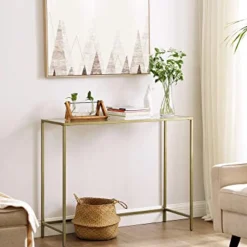 Moderner goldener Konsolentisch mit gehärtetem Glas, Metallrahmen, stabilen, verstellbaren Füßen
