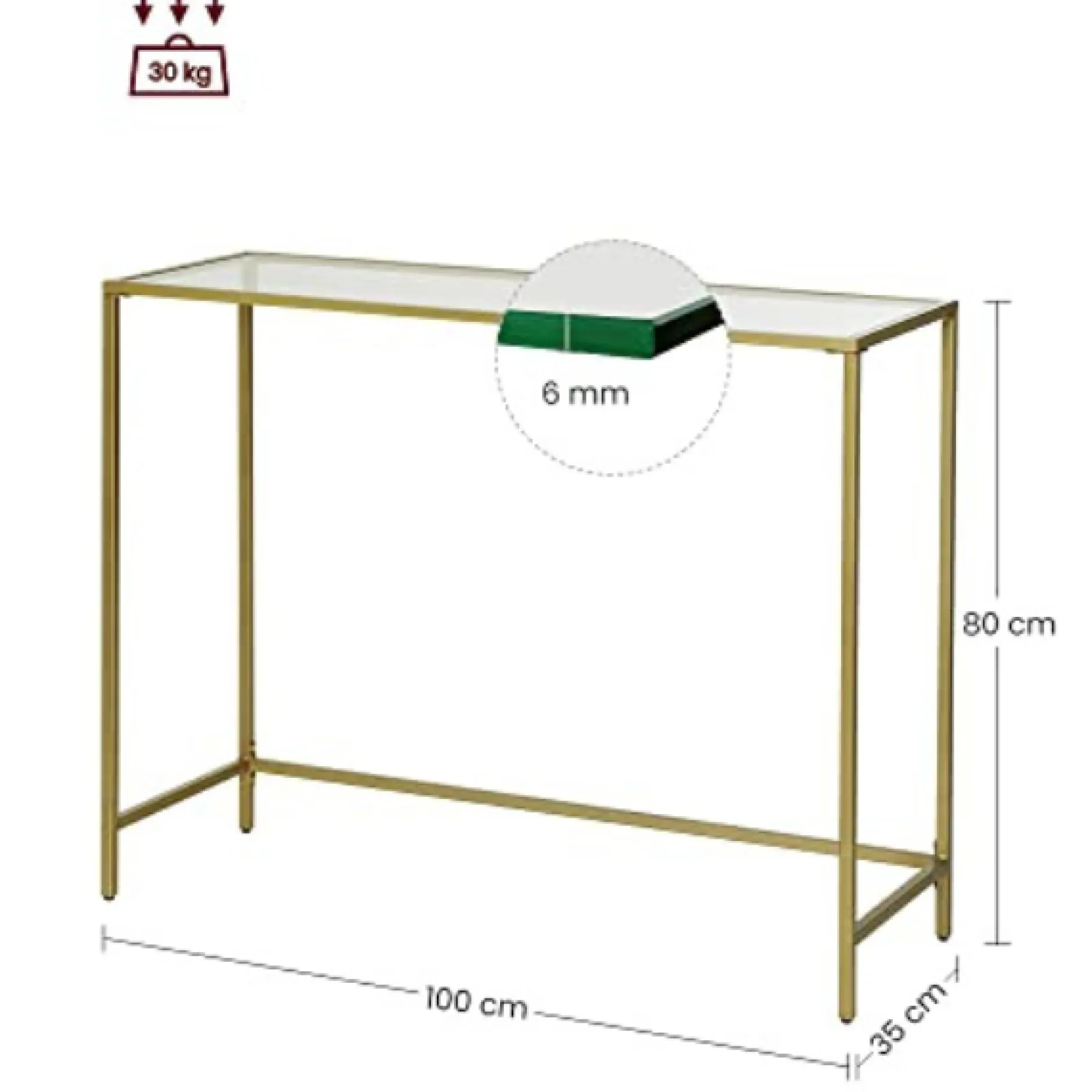 Moderner goldener Konsolentisch mit gehärtetem Glas, Metallrahmen, stabilen, verstellbaren Füßen