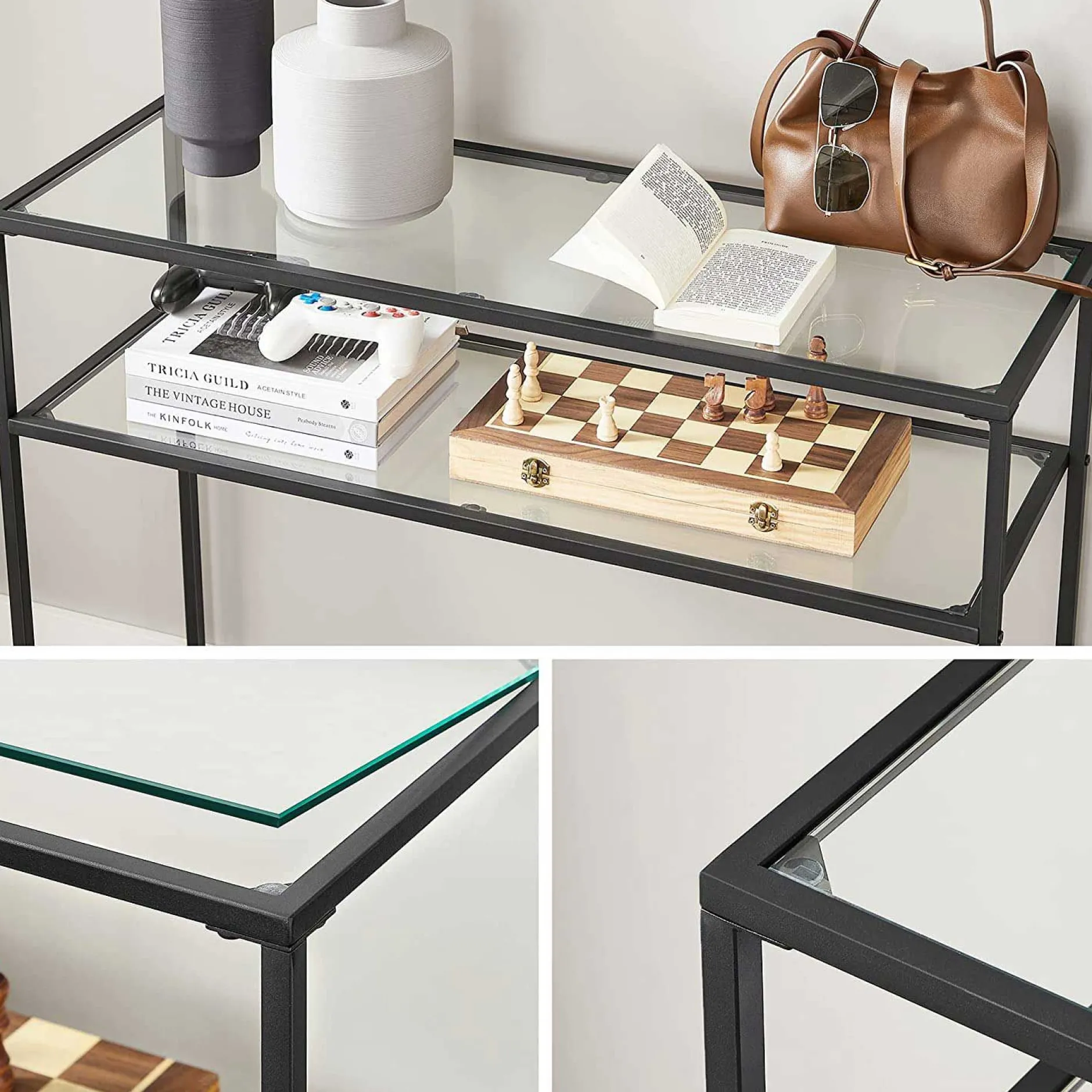 Moderner Konsolentisch mit Stahlgestell und Ablagen aus gehärtetem Glas, für Wohnzimmer/Flur