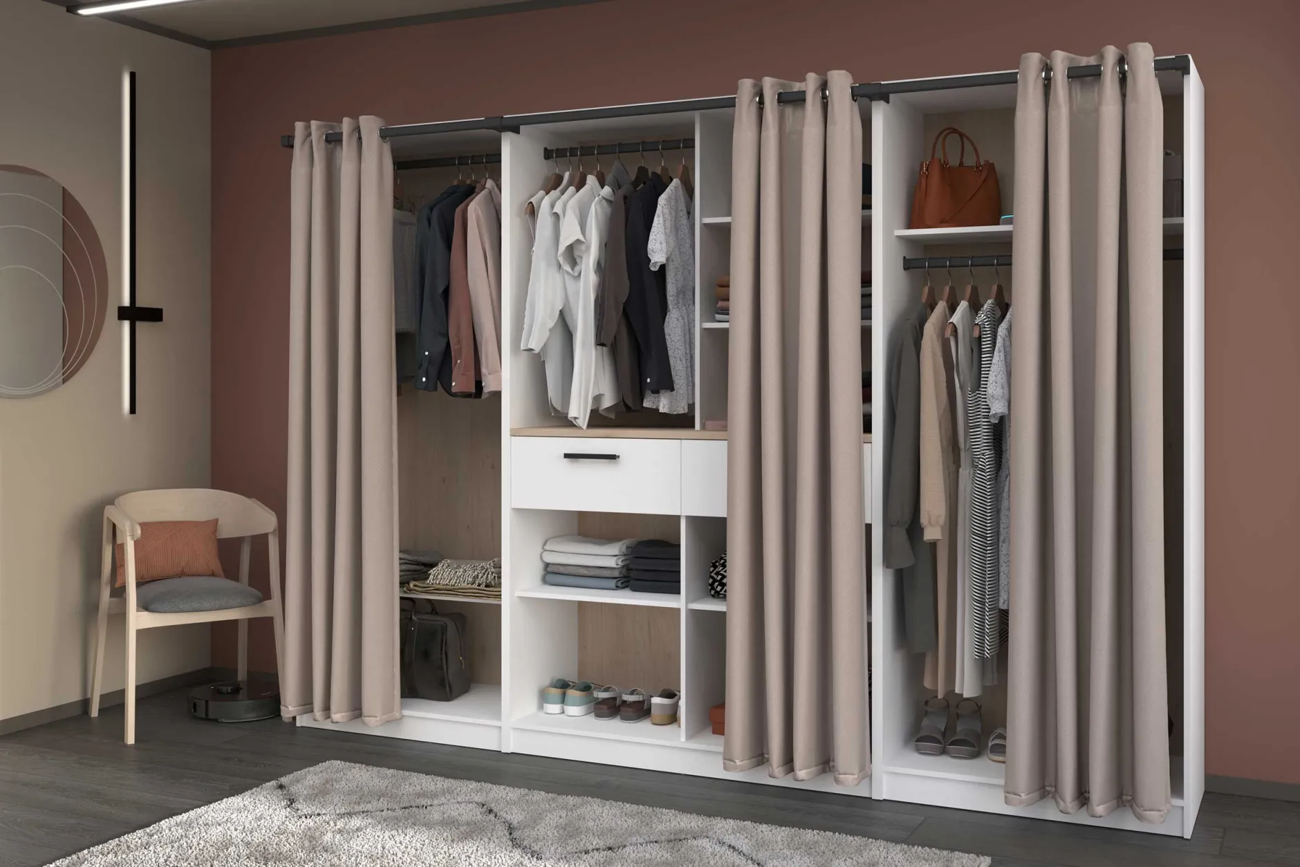 Modulix Offener Kleiderschrank - 120x50x200cm - mit Vorhang - weiß/Eiche Dekor