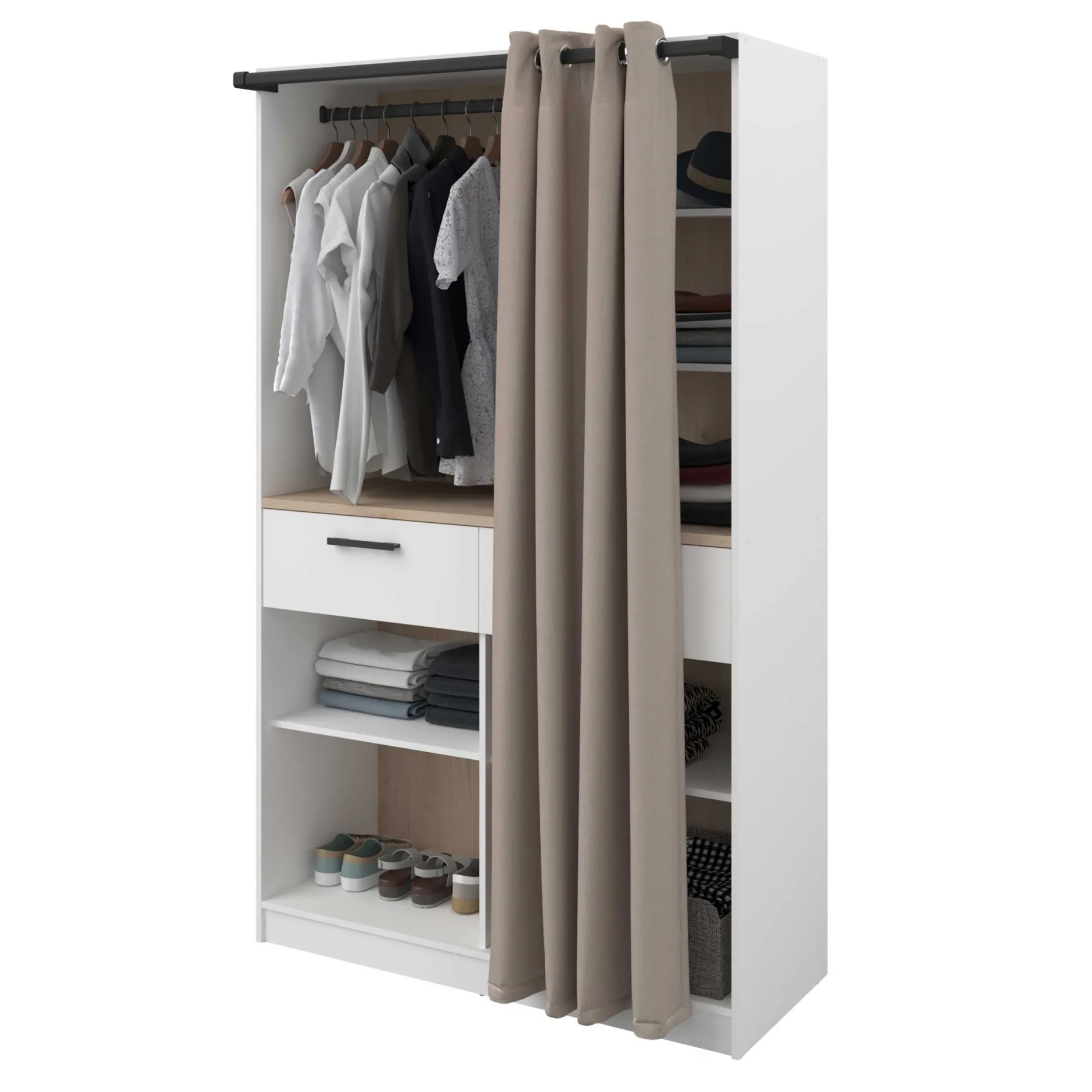 Modulix Offener Kleiderschrank - 120x50x200cm - mit Vorhang - weiß/Eiche Dekor