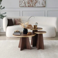 Mushroom 2 Couchtisch-Set | 100 % MELAMIN | Gold, Walnuss