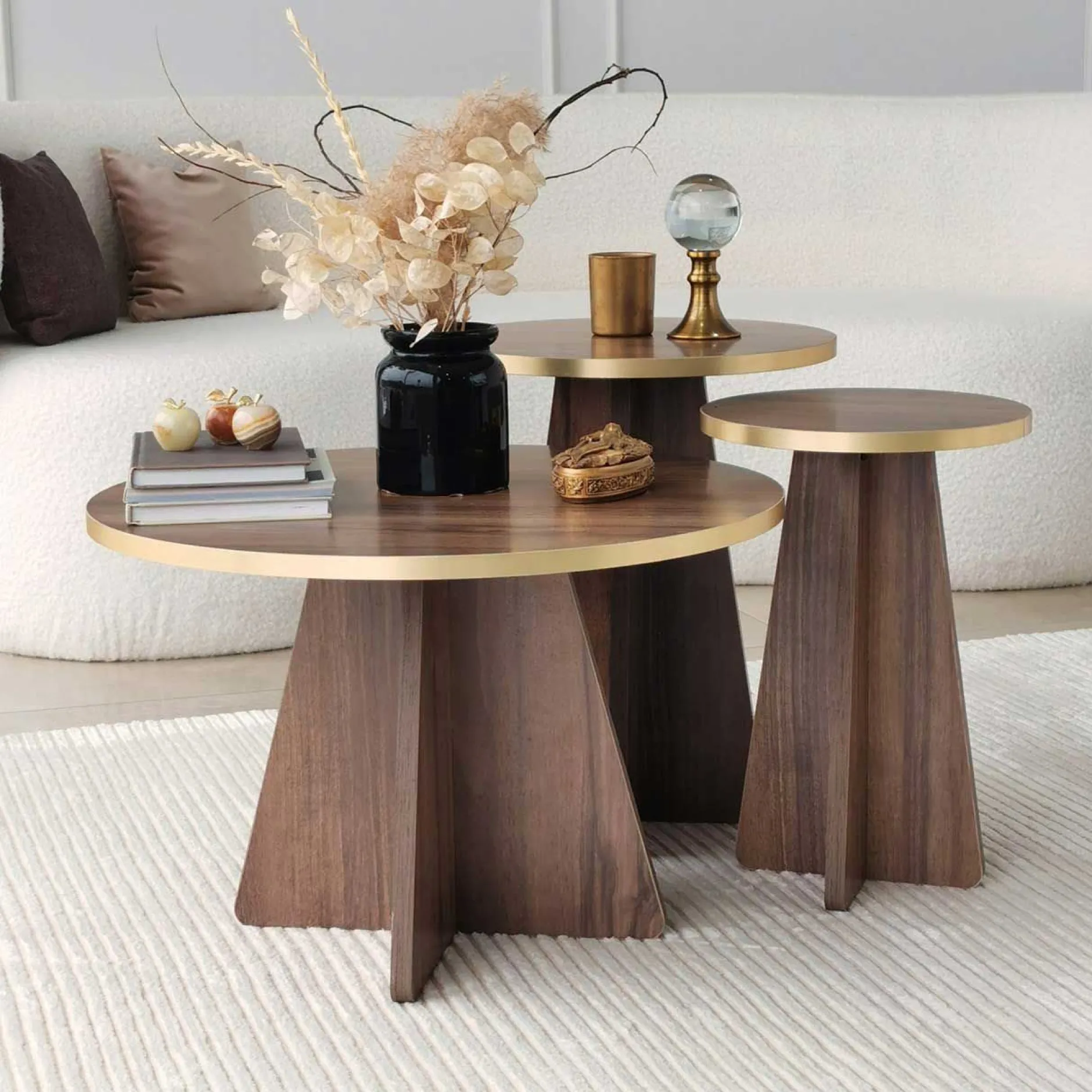 Mushroom 2 Couchtisch-Set | 100 % MELAMIN | Gold, Walnuss