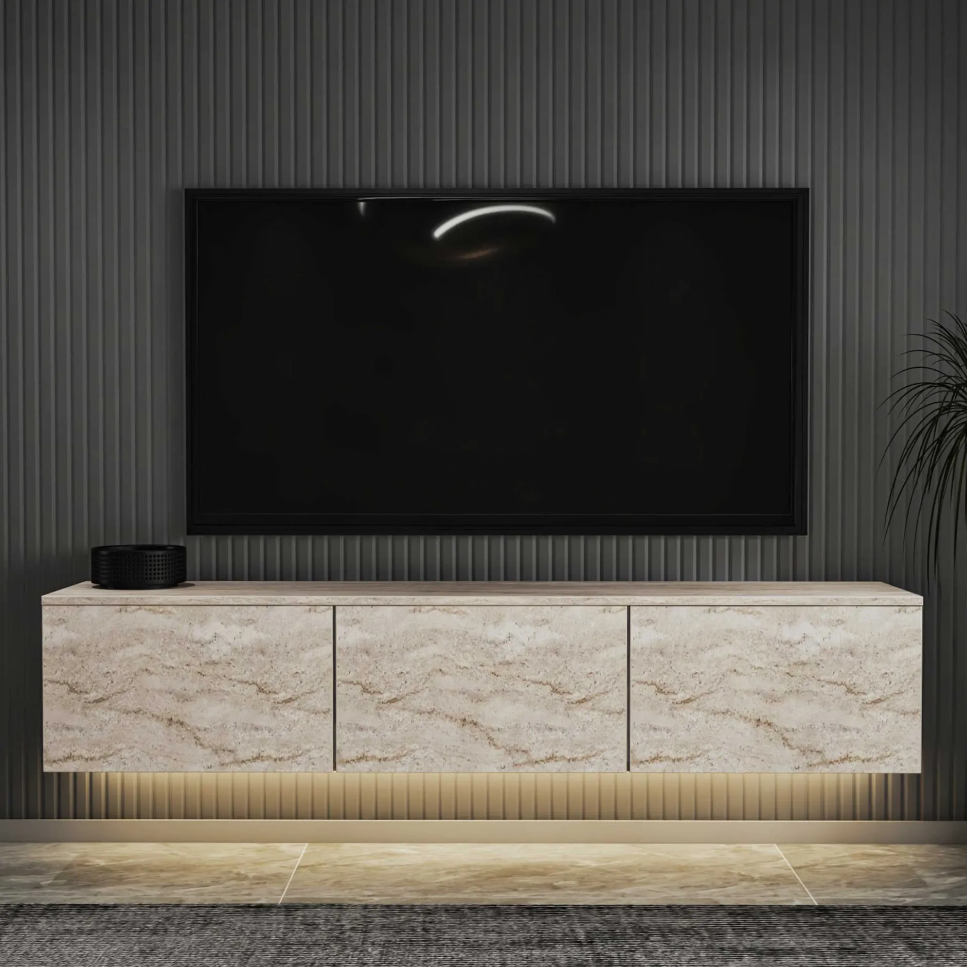 Neon Illuminated TV-Ständer | 100 % MELAMIN | Travertin