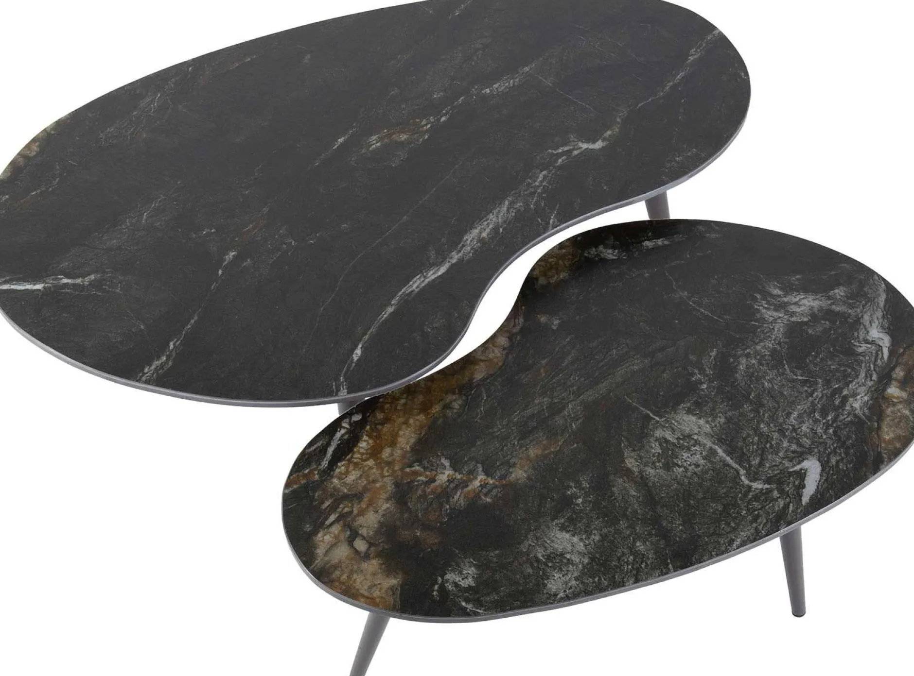 Nierenförmiger Fossil Couchtisch 2er Set - Schwarze Keramikplatte
