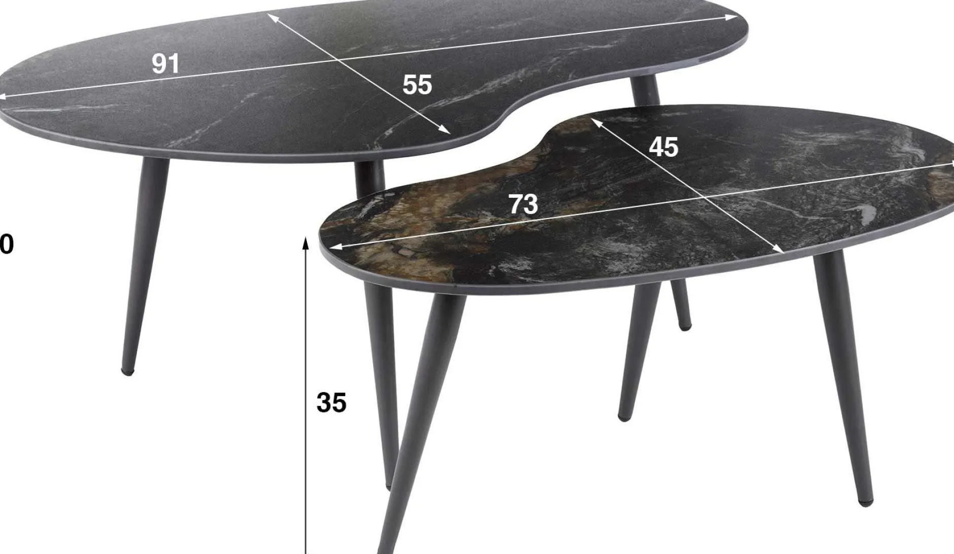 Nierenförmiger Fossil Couchtisch 2er Set - Schwarze Keramikplatte