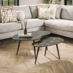 Nierenförmiger Fossil Couchtisch 2er Set - Schwarze Keramikplatte
