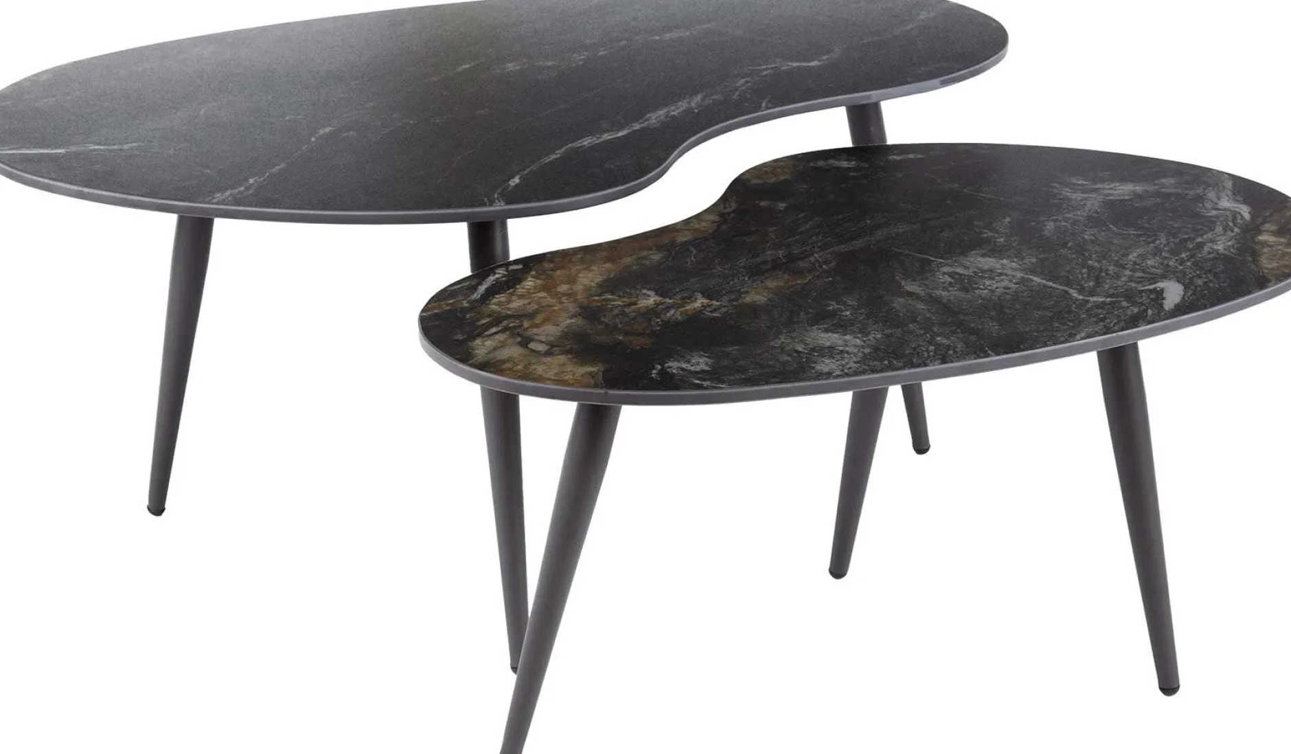Nierenförmiger Fossil Couchtisch 2er Set - Schwarze Keramikplatte