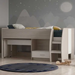 Noni Halbhochbett - 90x200 - mit Schreibtisch und Stauraum - Eiche/Weiß
