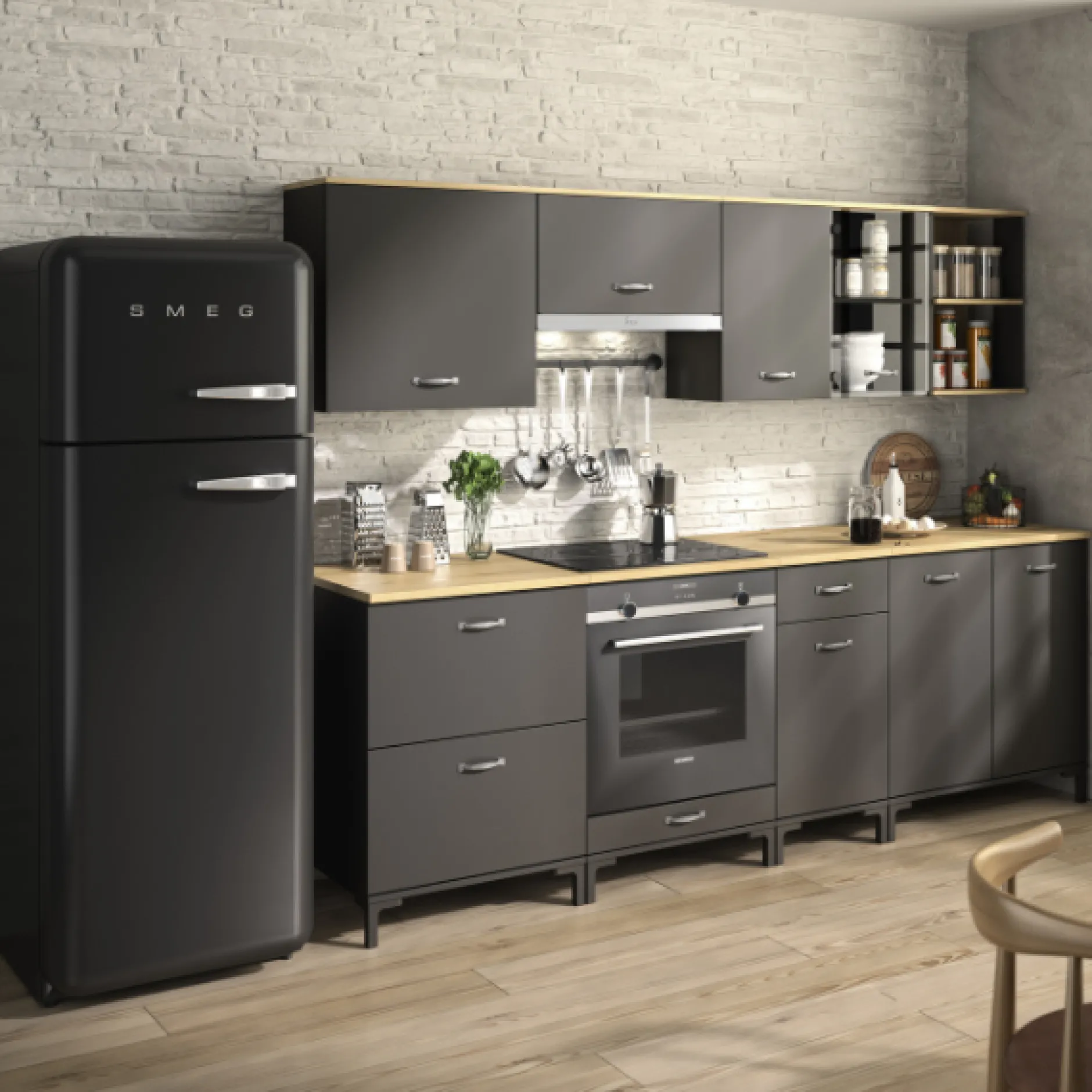 Oberschrank Manno 40cm mit Glastür - schwarz/eiche