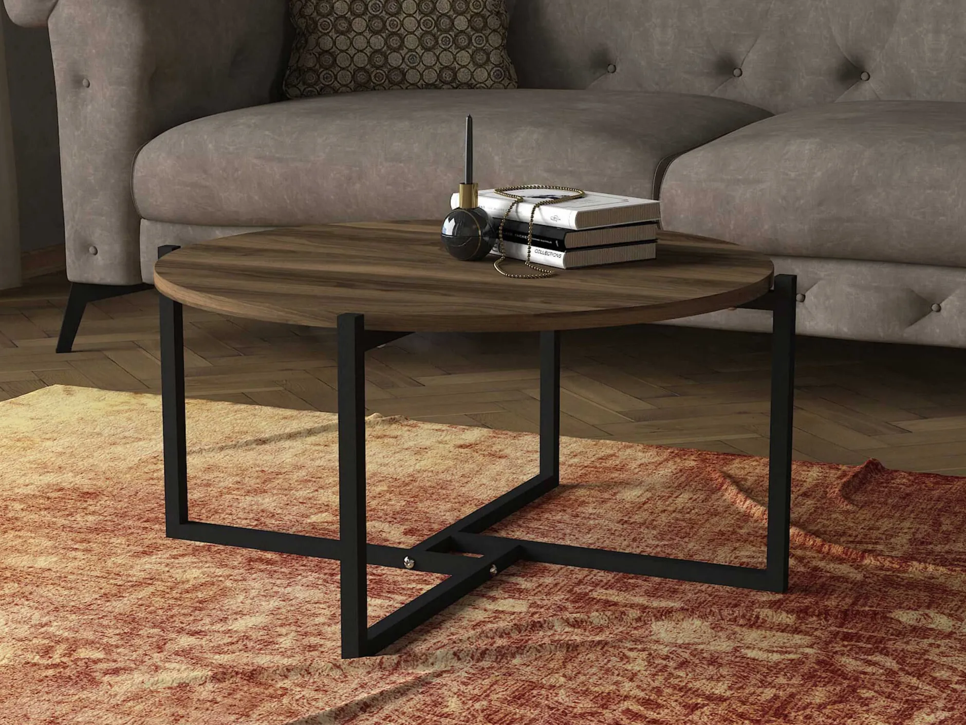 Ovaler Couchtisch Noce - 73x68x36cm - Walnussdekor/schwarz