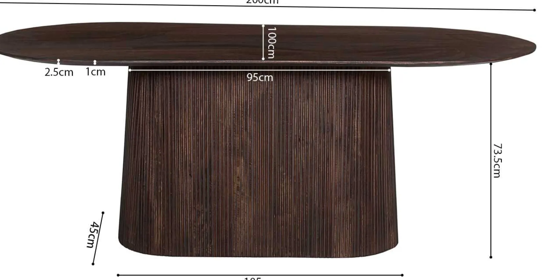 Ovaler dunkelbrauner Tisch Miguel - 200 cm | Massivholz Mango | H76 x B200 x T100 cm